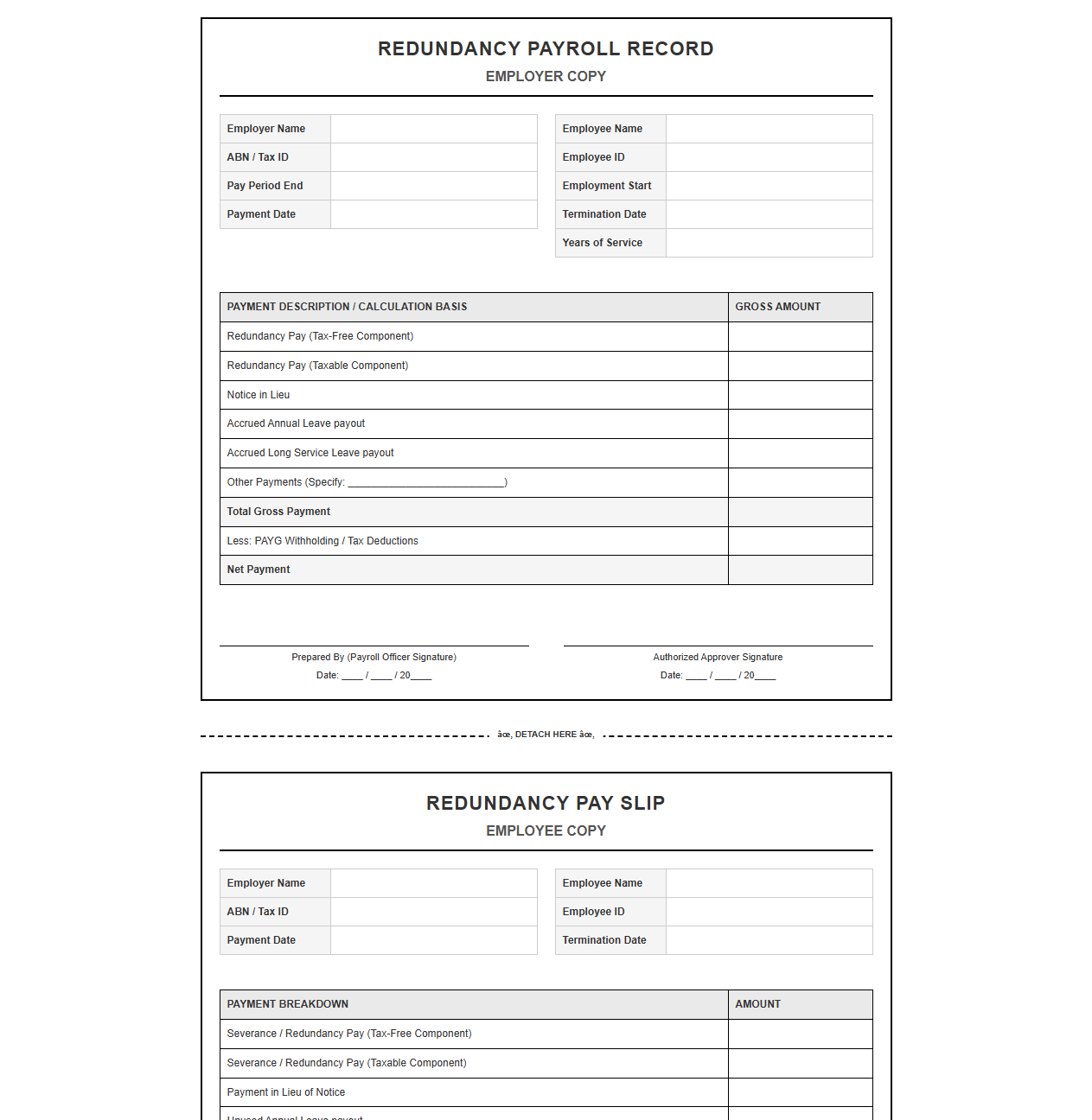 Redundancy Pay Slip and Payroll Record