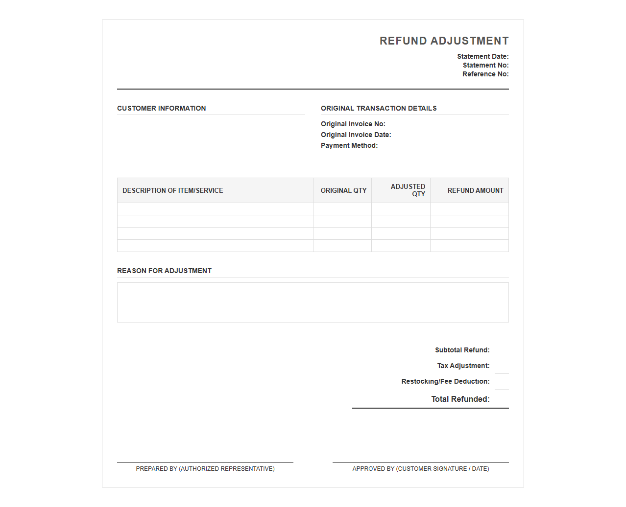 Refund Adjustment Statement Template