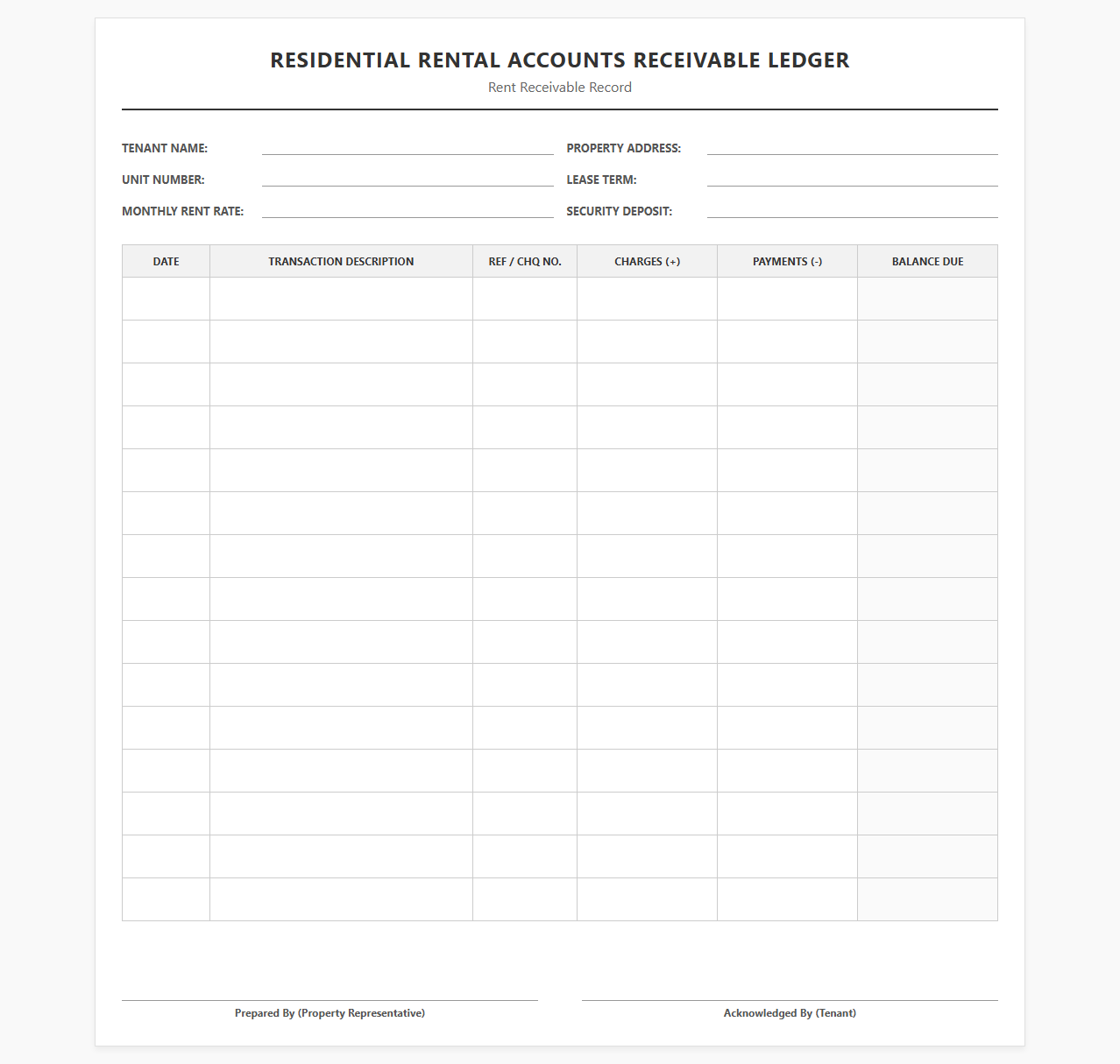Residential Rental Accounts Receivable Ledger