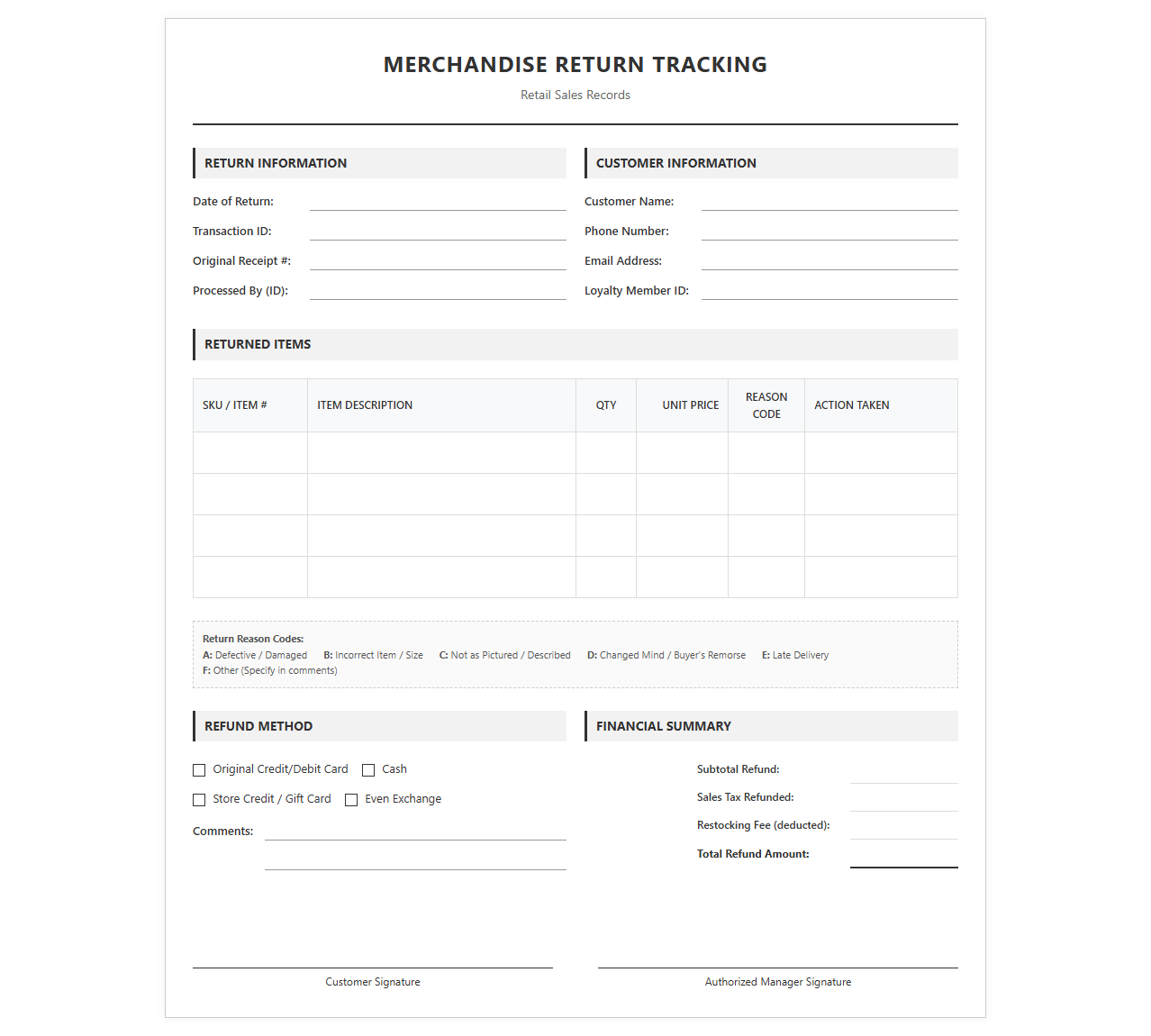 Retail Sales Merchandise Return Tracking Template