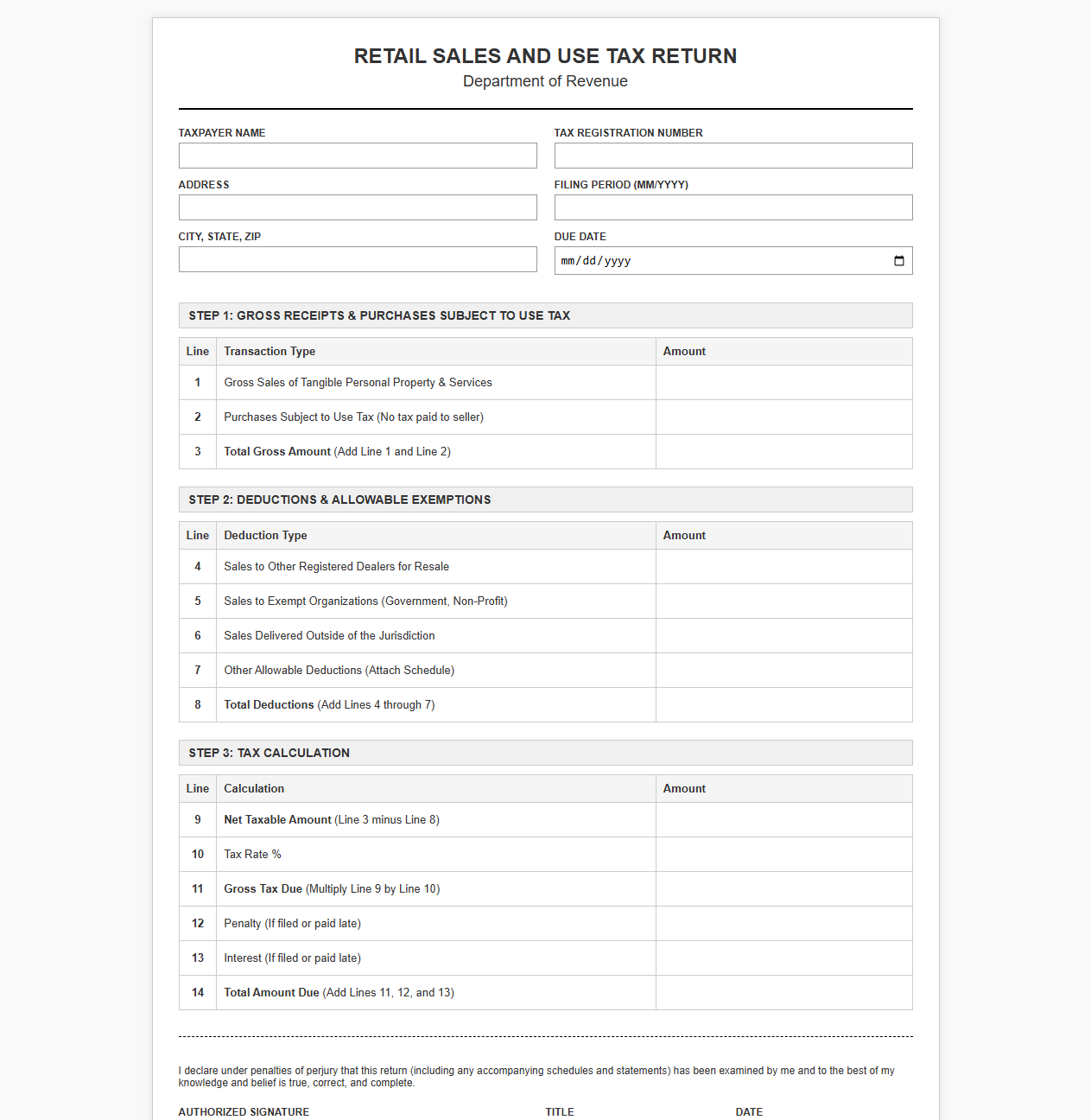 Retail Sales and Use Tax Return Template