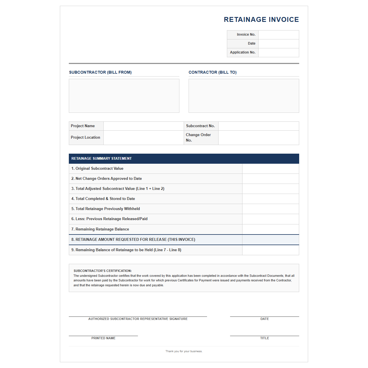 Retainage Invoice Template for Commercial Subcontractors