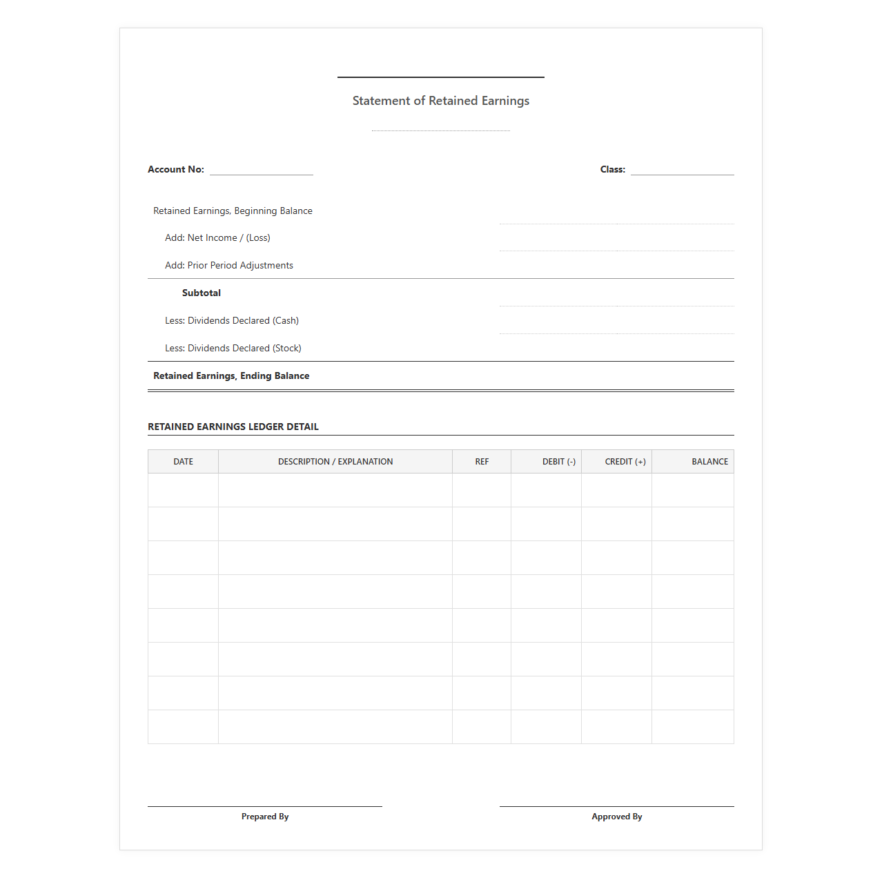 Retained Earnings Ledger Statement Template