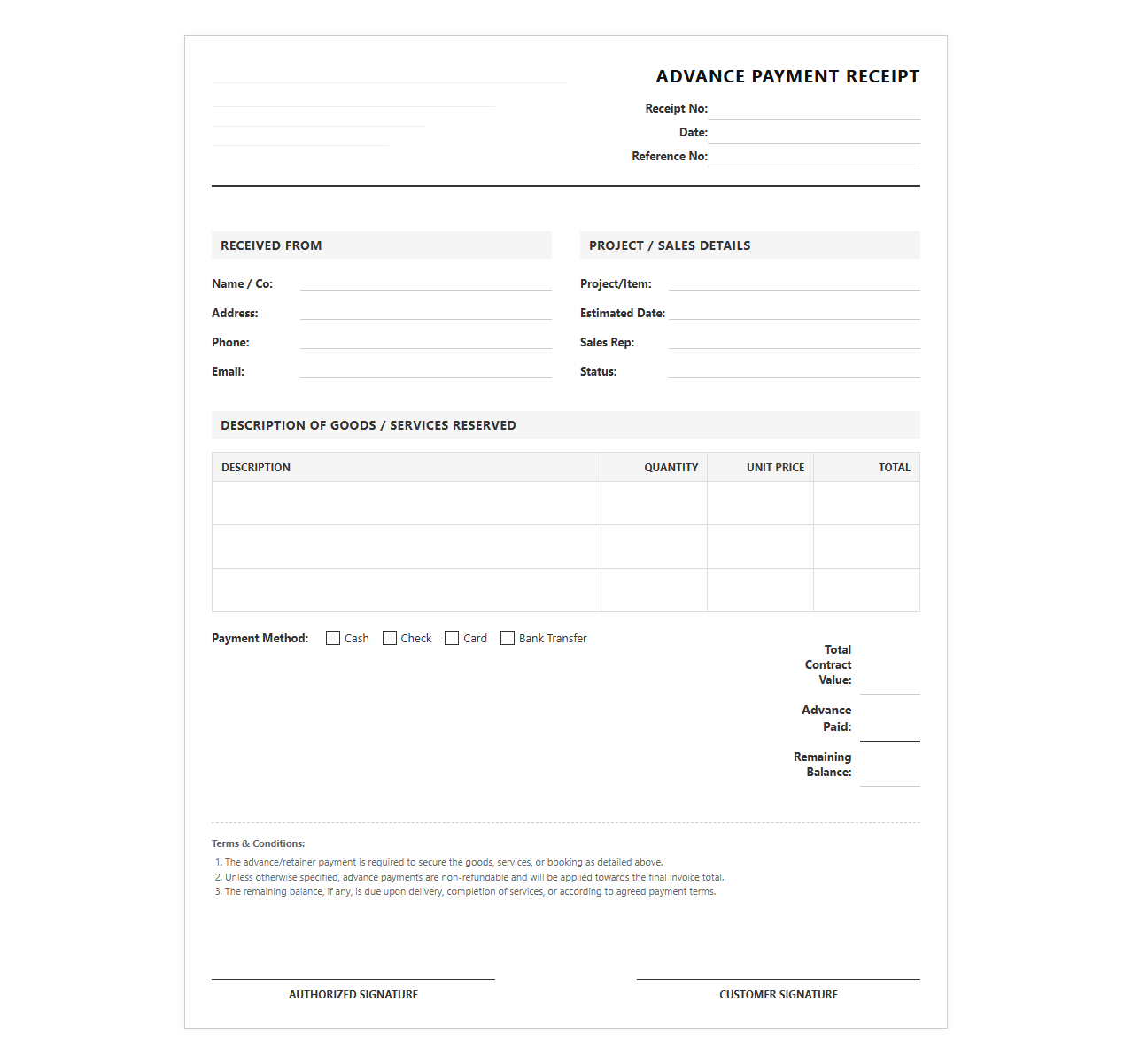 Retainer and Advance Sales Payment Receipt