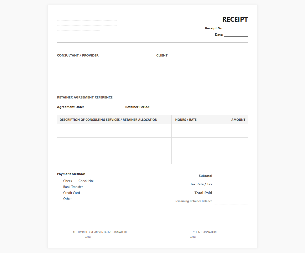 Retainer Agreement Consulting Receipt Template