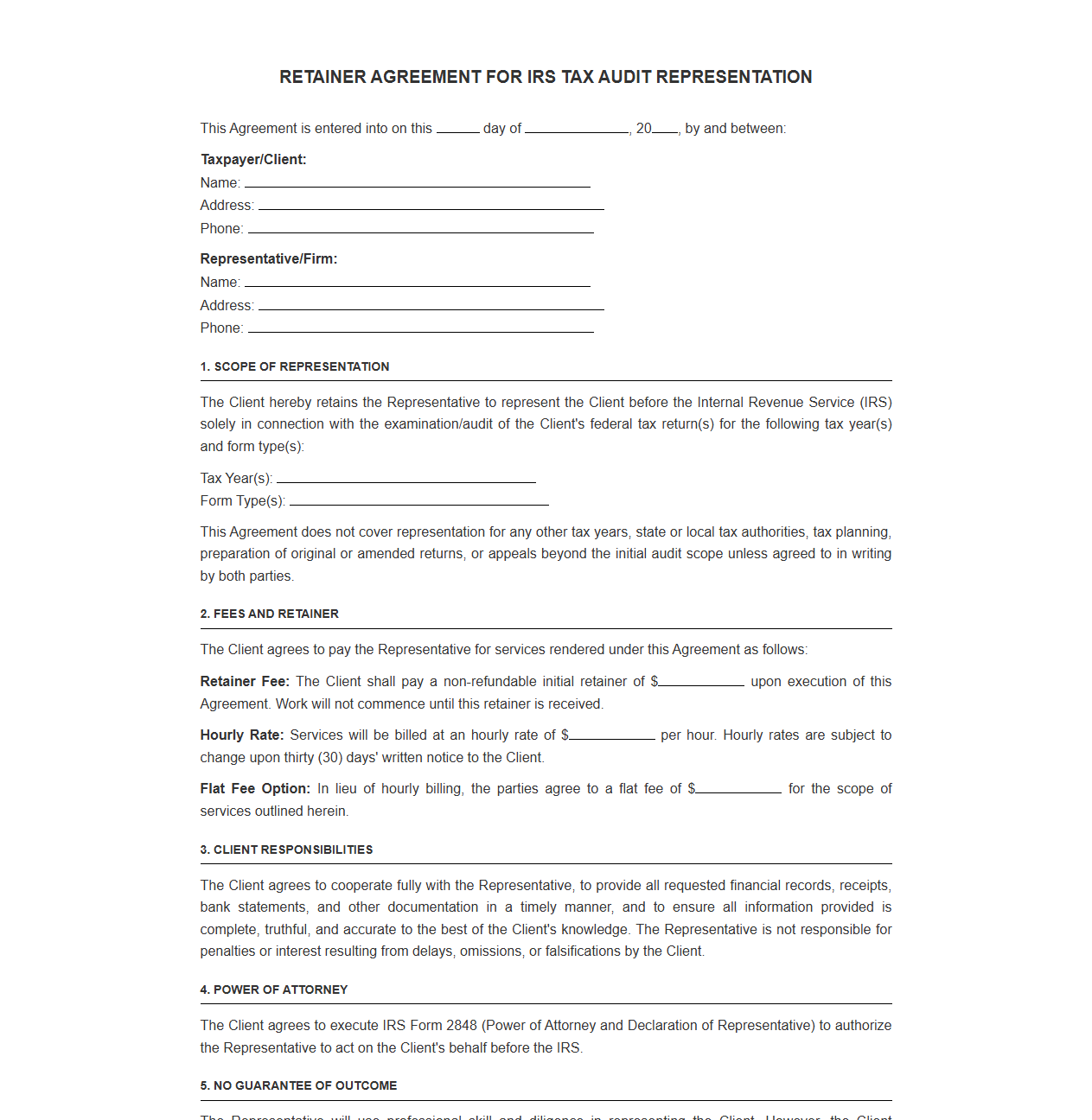Retainer Agreement for IRS Tax Audit Representation