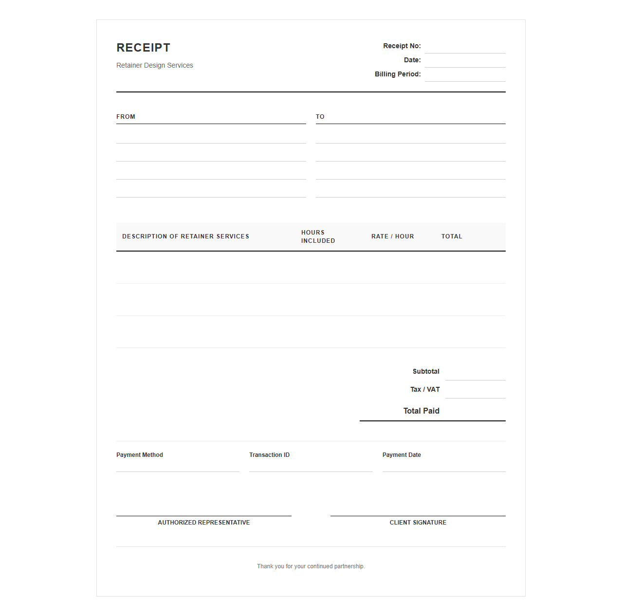 Retainer Design Services Monthly Receipt Template