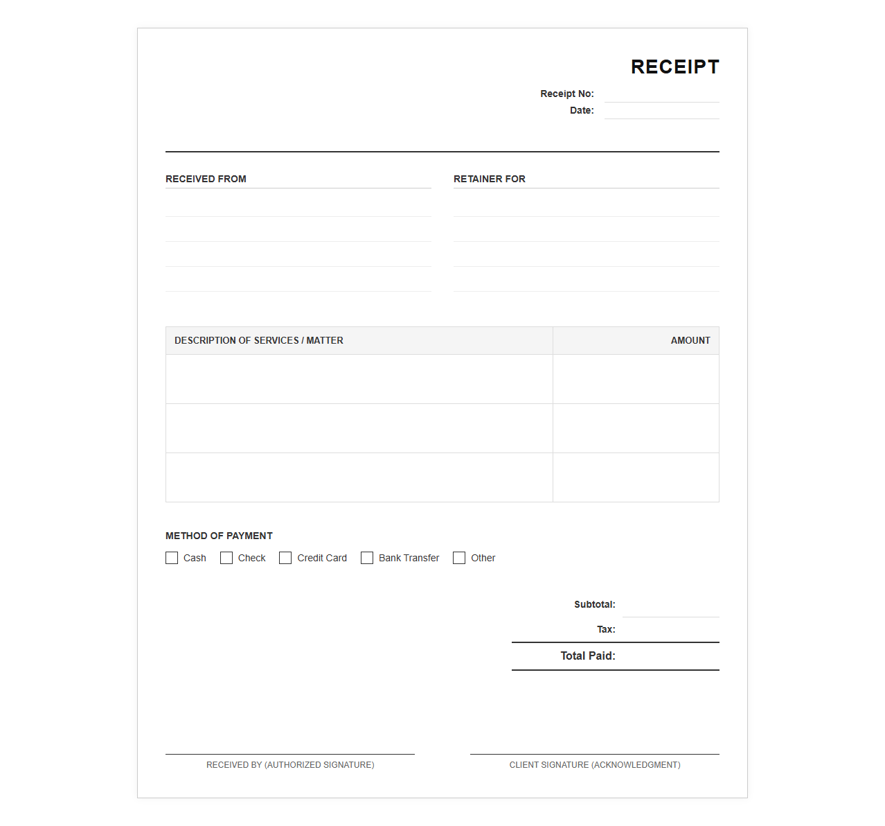 Retainer Fee Receipt Template