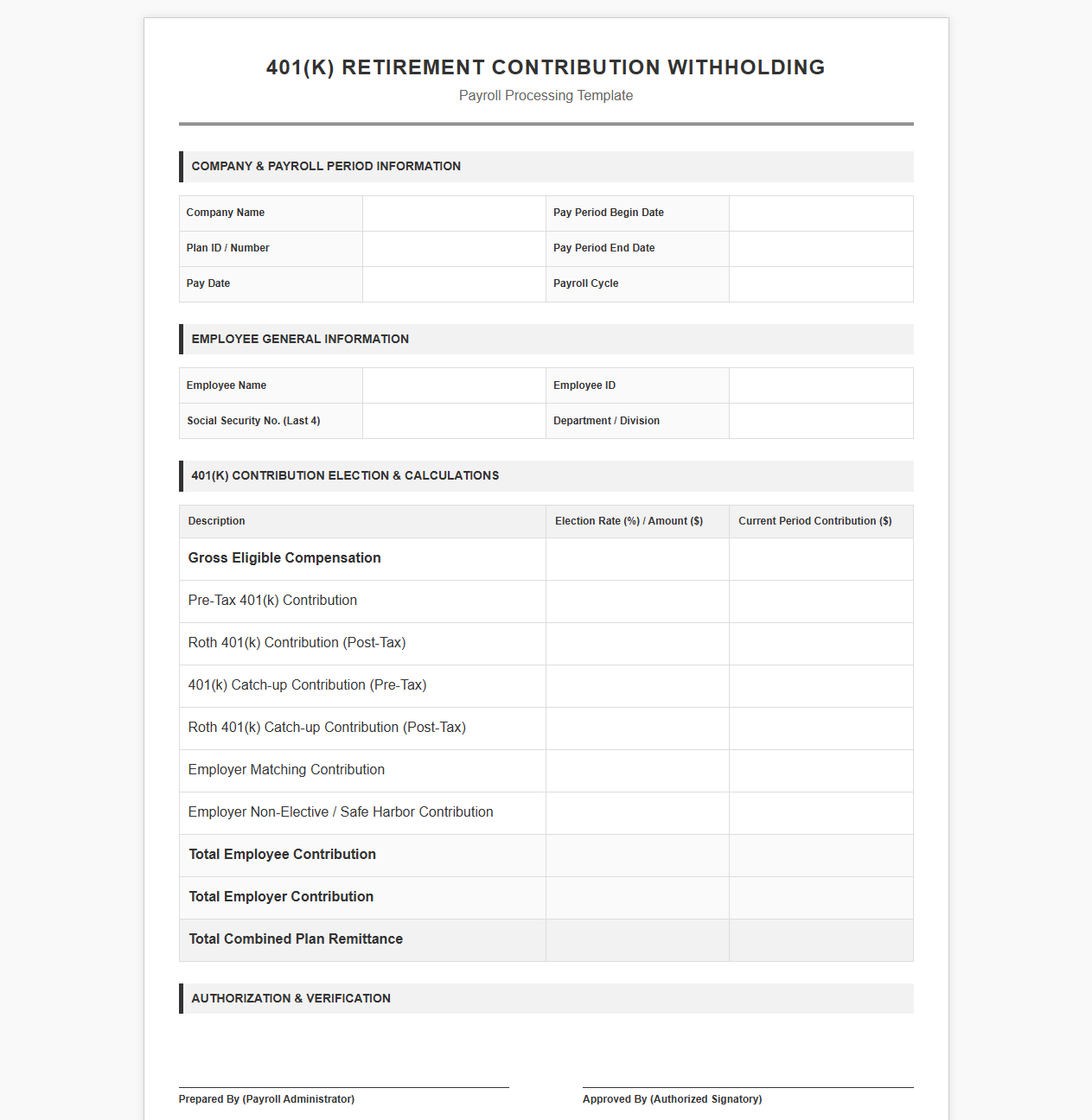 Retirement Contribution Withholding Payroll Template