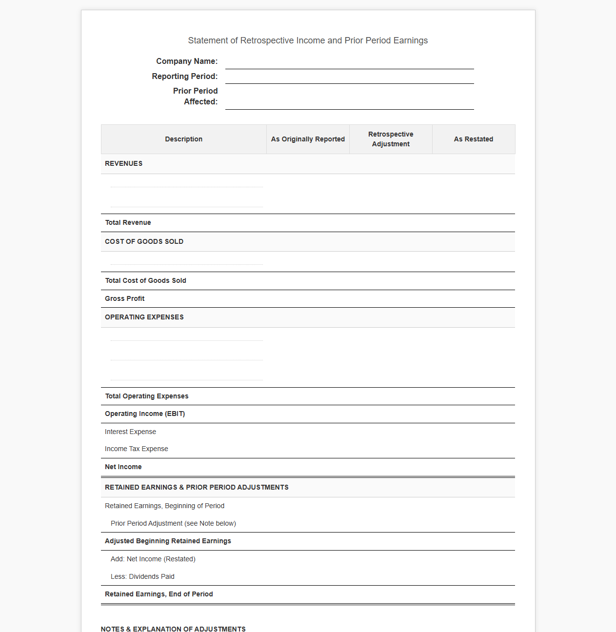 Retrospective Income Statement Template