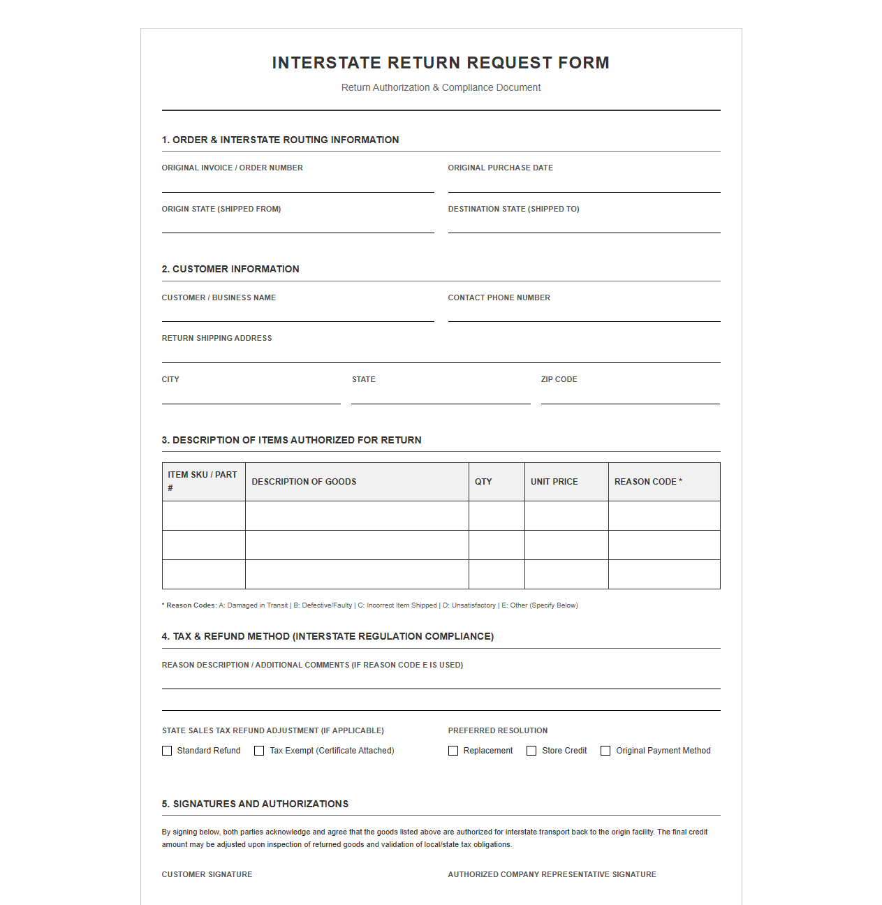Return Request Template for Interstate Orders