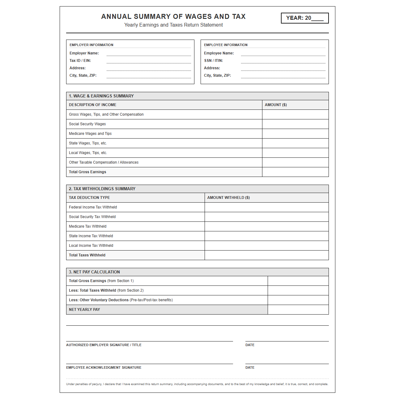 Return Template for Yearly Earnings and Taxes