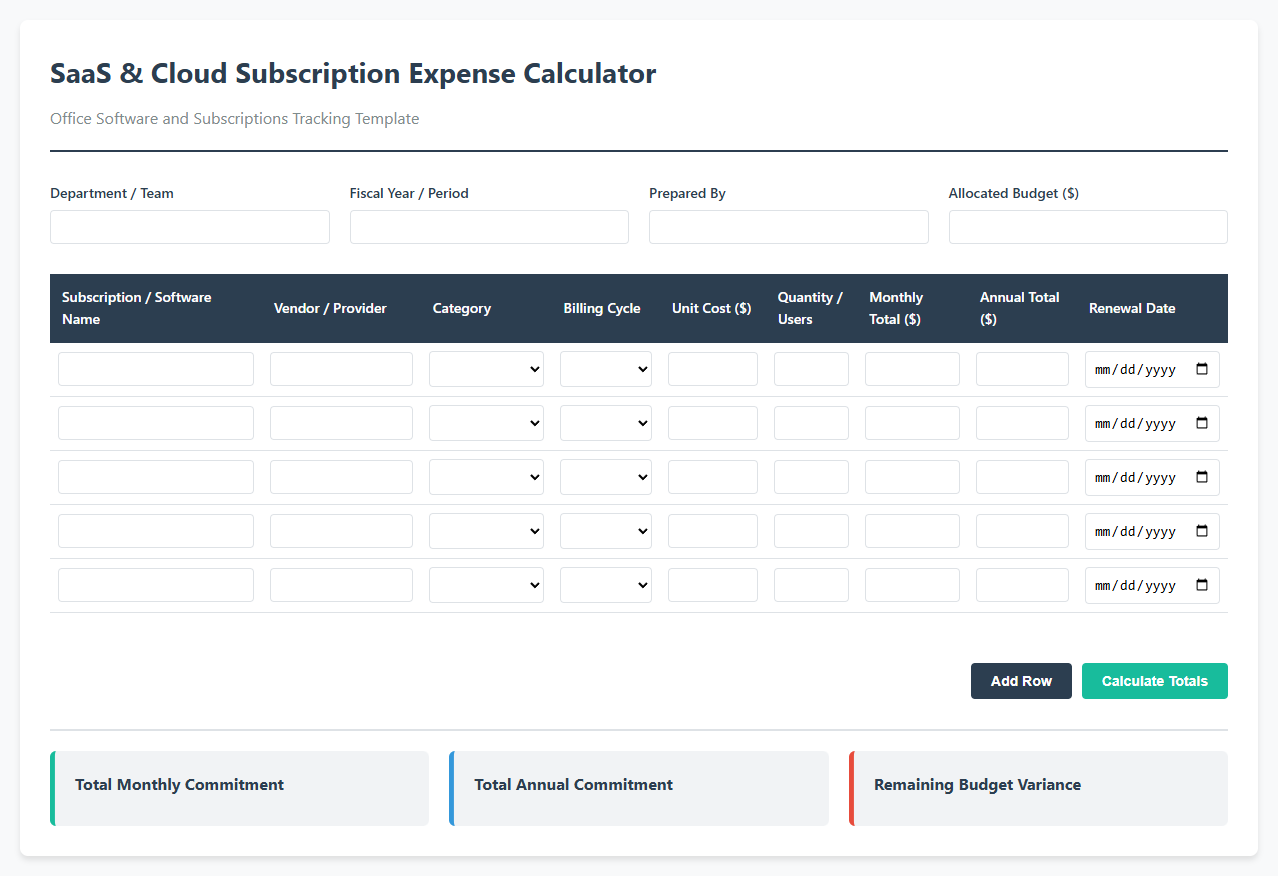 SaaS and Cloud Subscription Expense Calculator