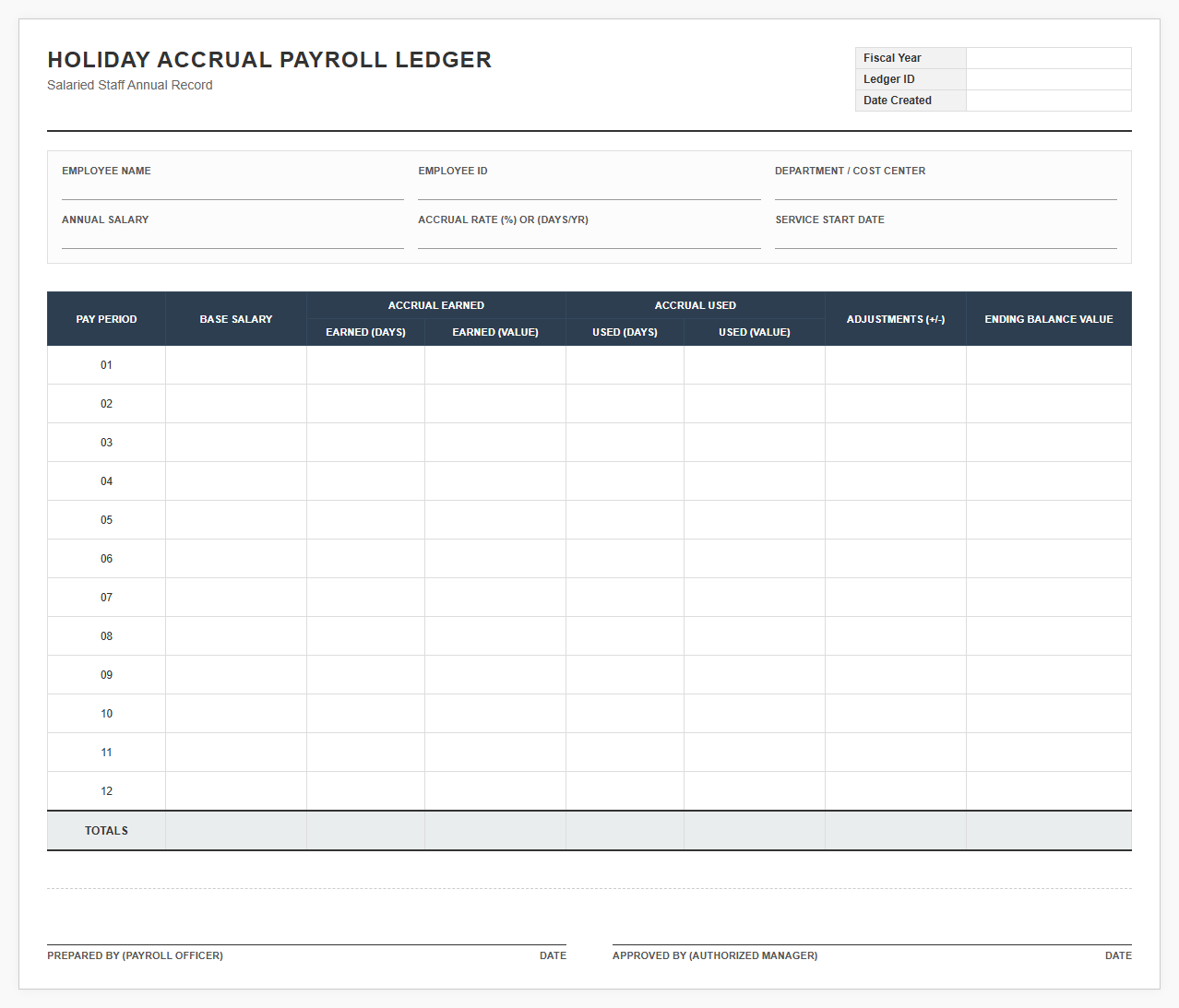 Salaried Staff Holiday Accrual Payroll Ledger