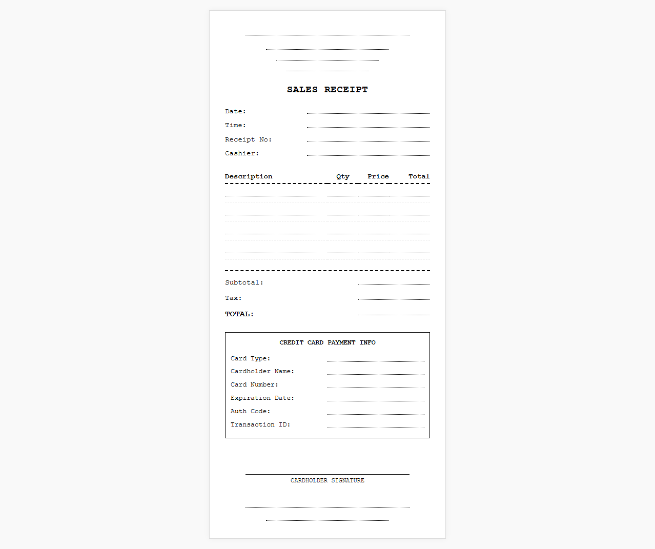 Sales Receipt for Credit Card Purchases