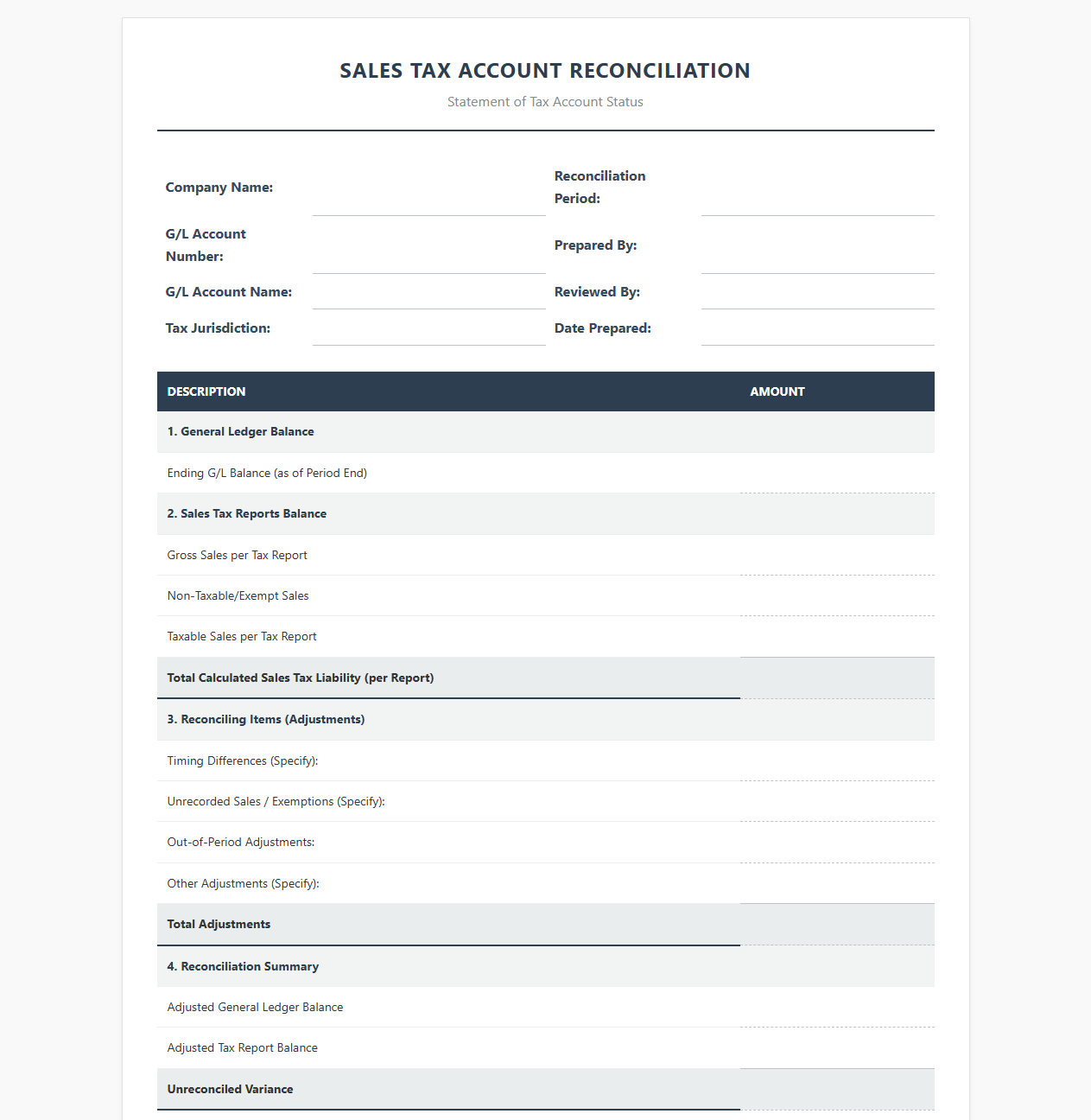 Sales Tax Account Reconciliation Template