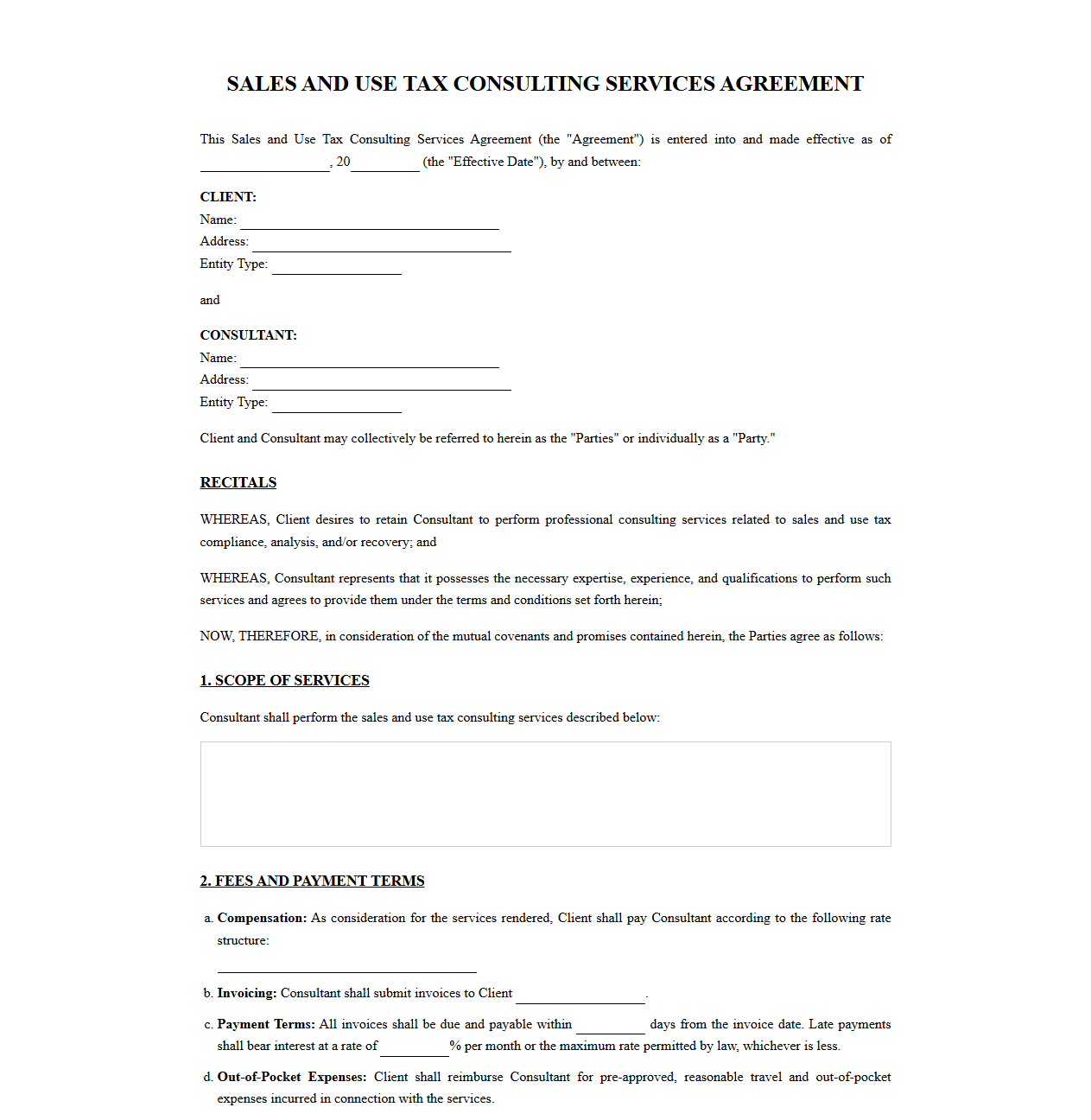 Sales and Use Tax Consulting Services Agreement