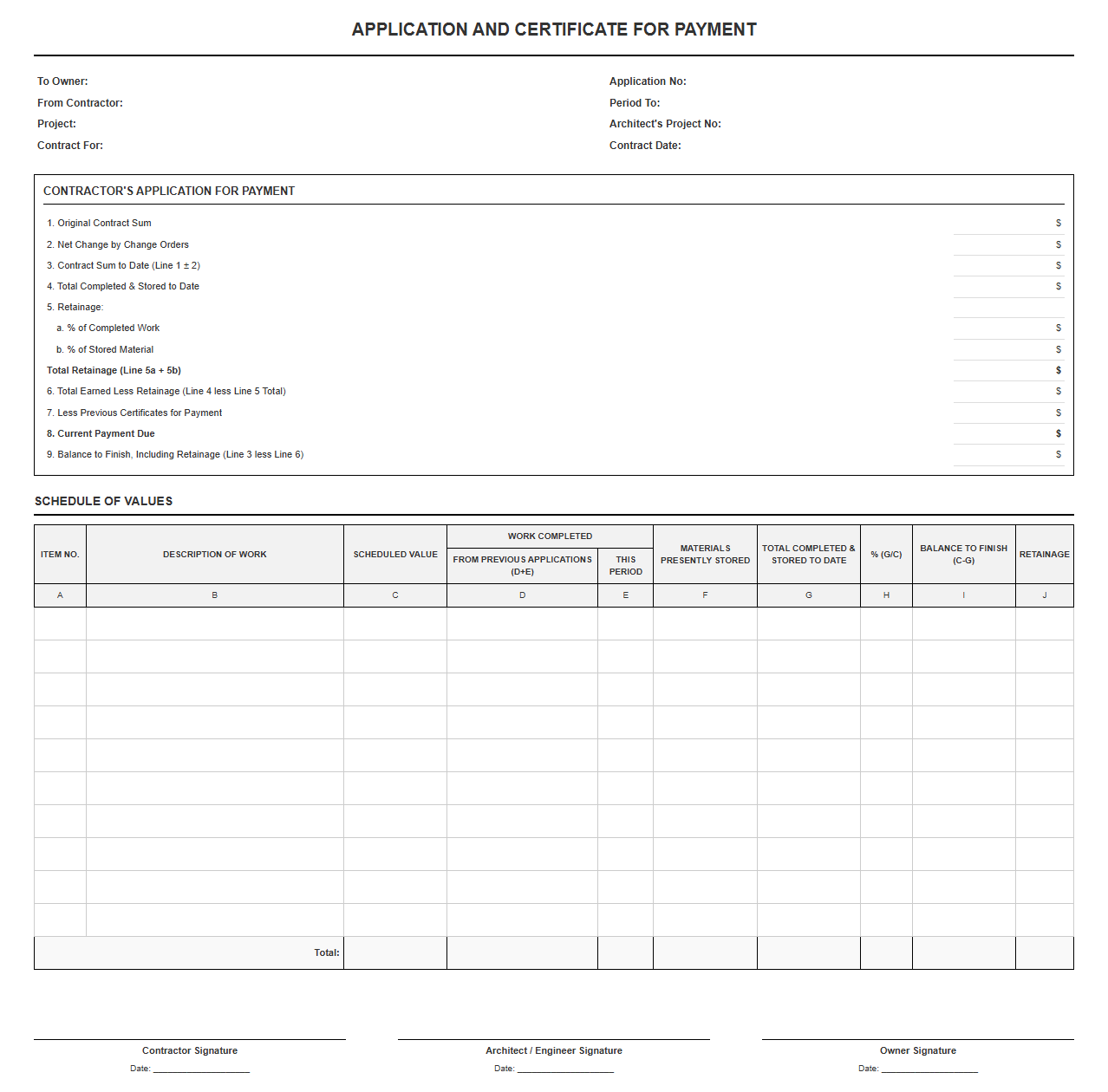 Schedule of Values Progress Billing Sheet