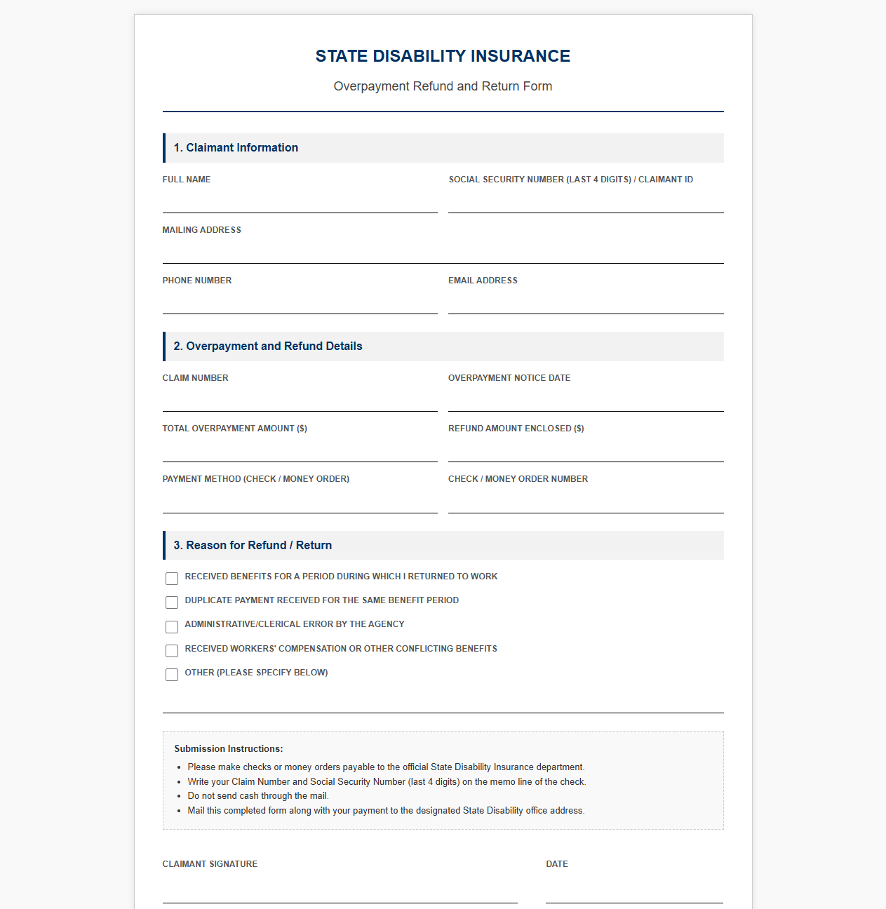 SDI Overpayment Refund and Return Template