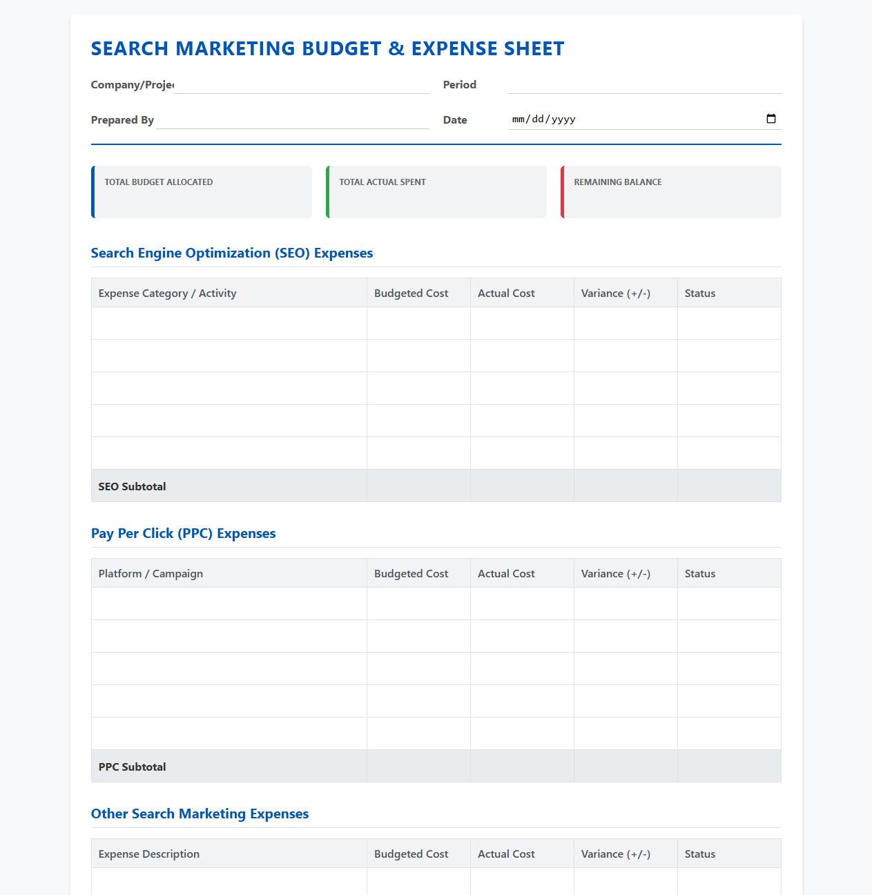 Search Marketing Budget and Expense Sheet