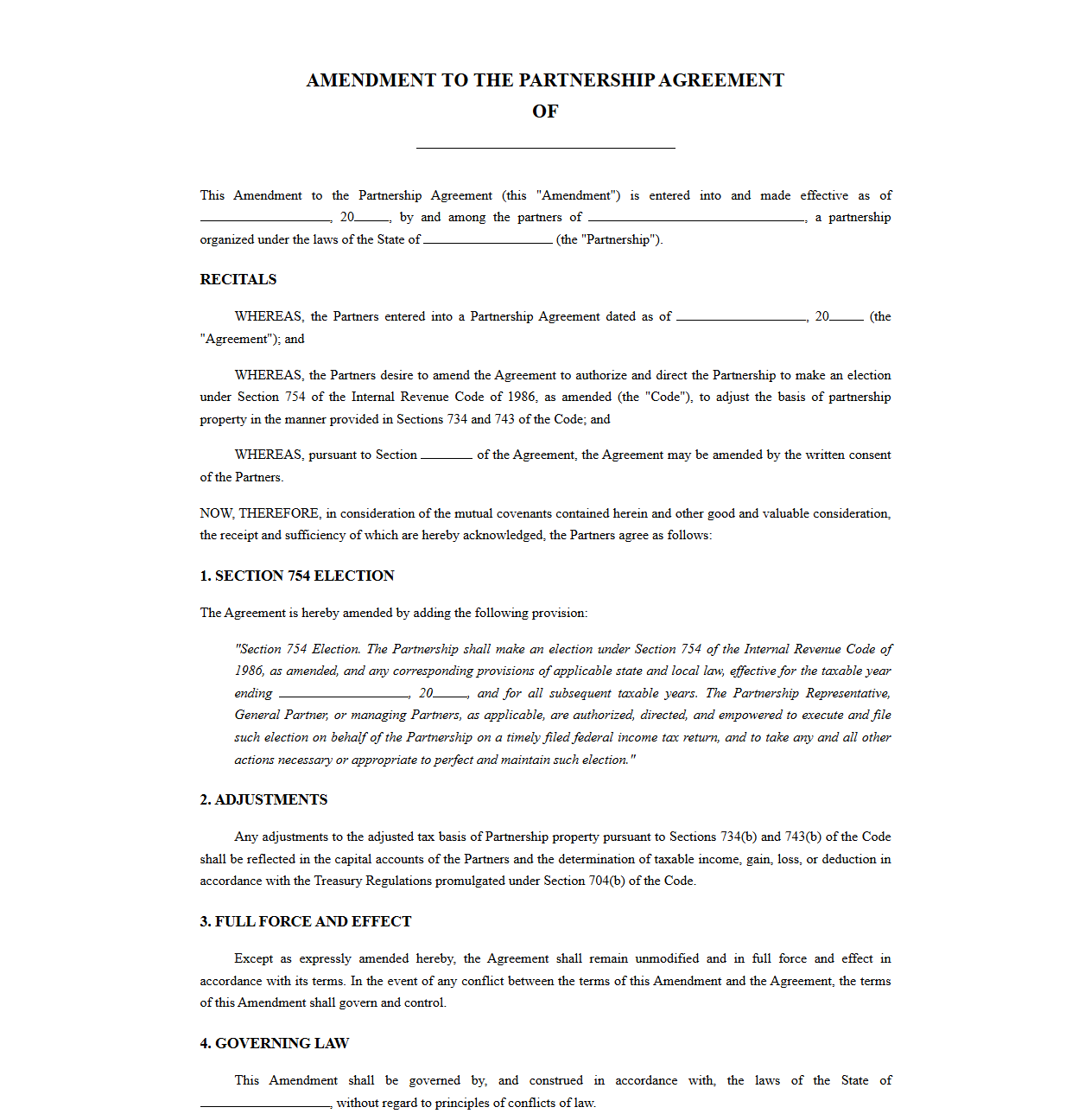 Section 754 Election Partnership Agreement Amendment