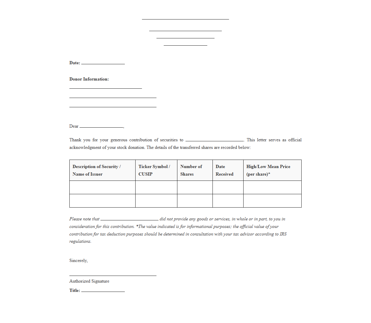 Securities Donation Acknowledgment Letter
