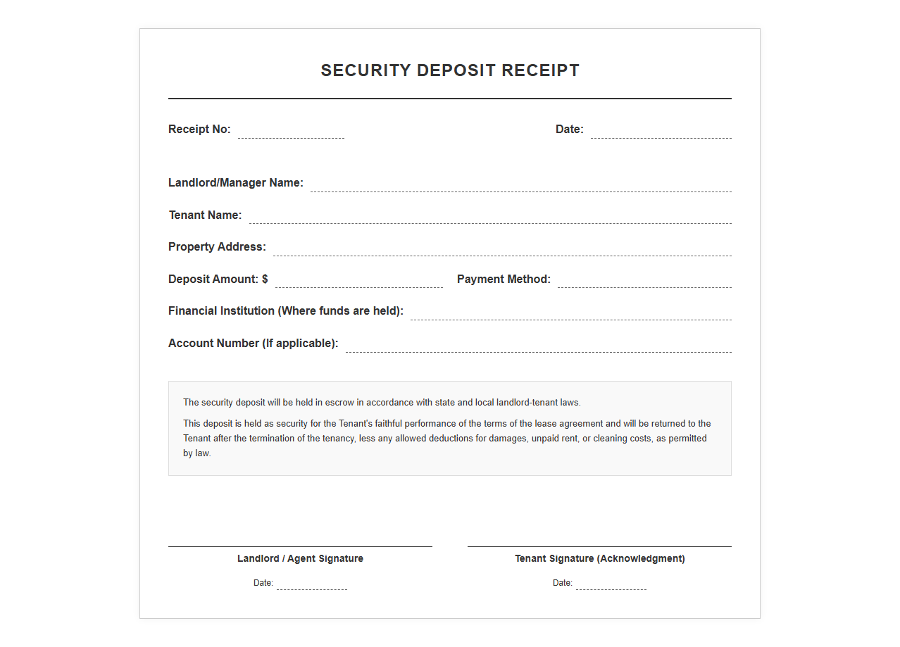 Security Deposit Receipt Form for Landlords