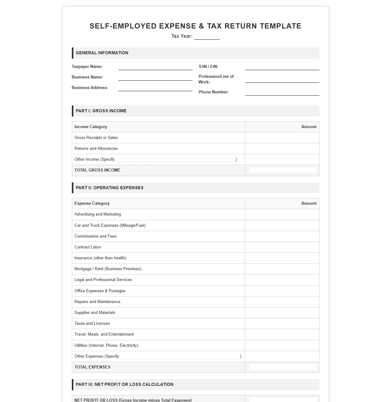 Self-Employed Expense and Tax Return Template