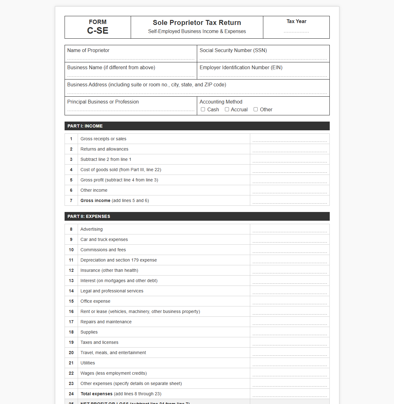 Self-Employed Tax Return Form Template