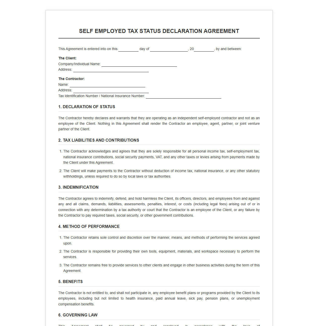 Self Employed Tax Status Declaration Agreement