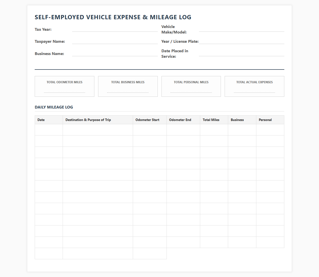 Self-Employed Vehicle Expense and Mileage Sheet