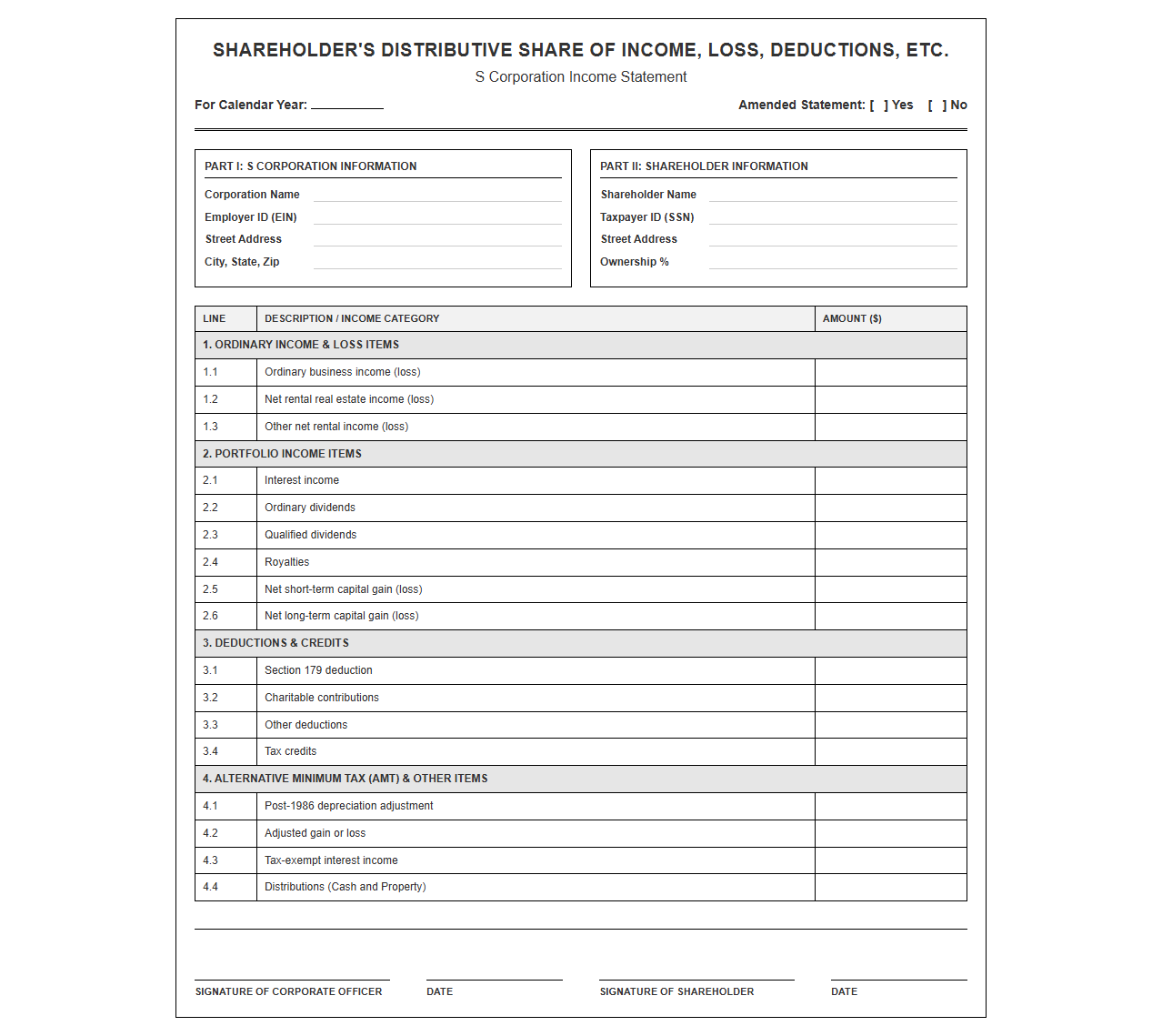 Shareholder Distributive Share Income Statement Template