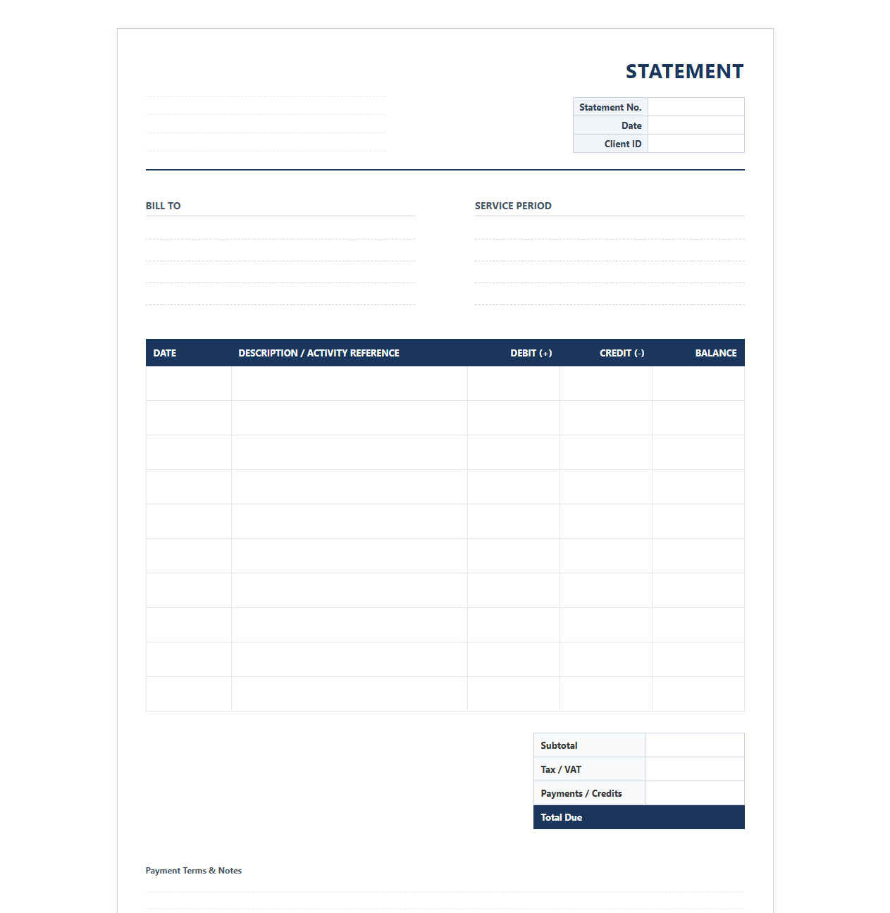 Simple Bookkeeping Ledger Billing Statement