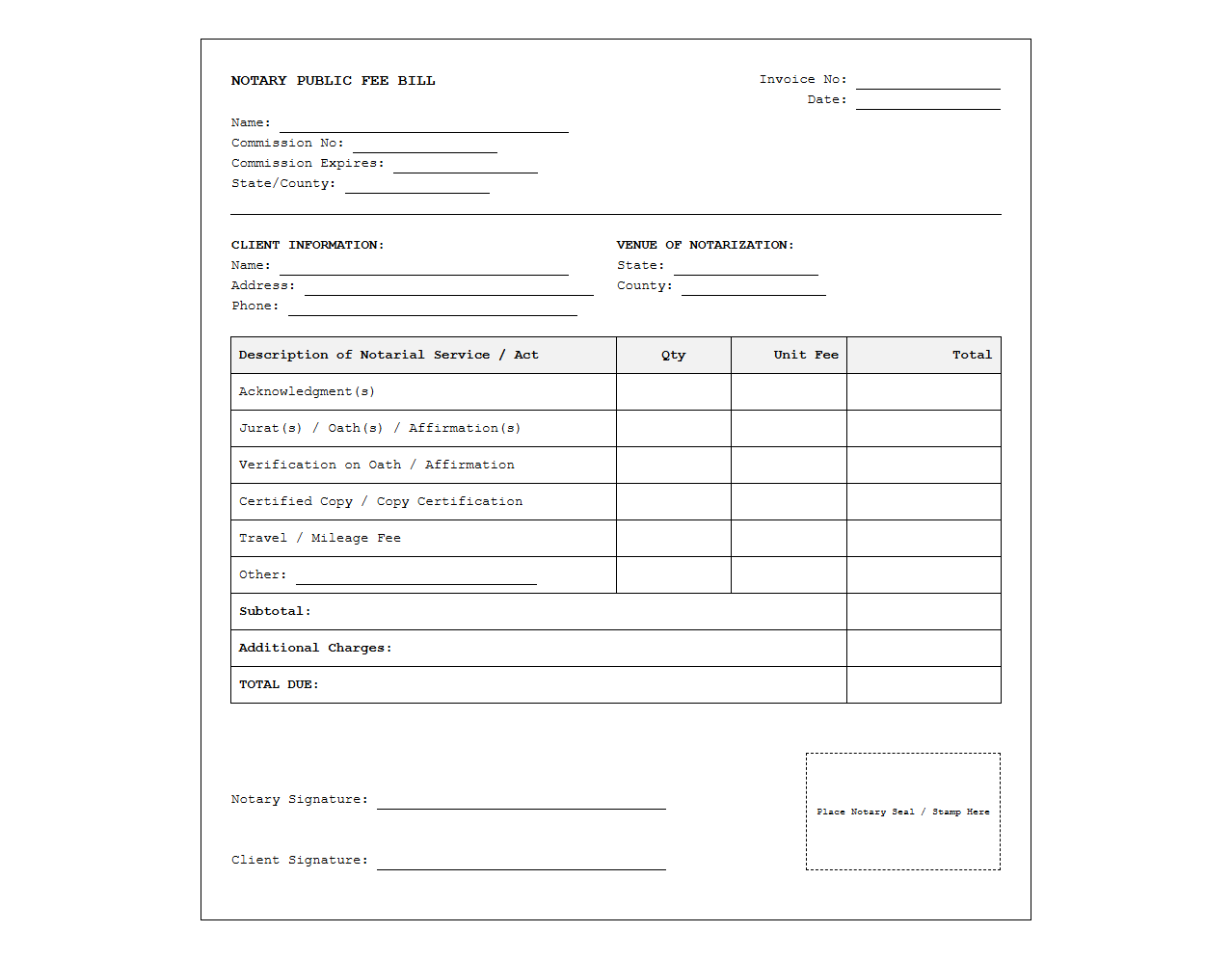Simple Notary Fee Bill Format