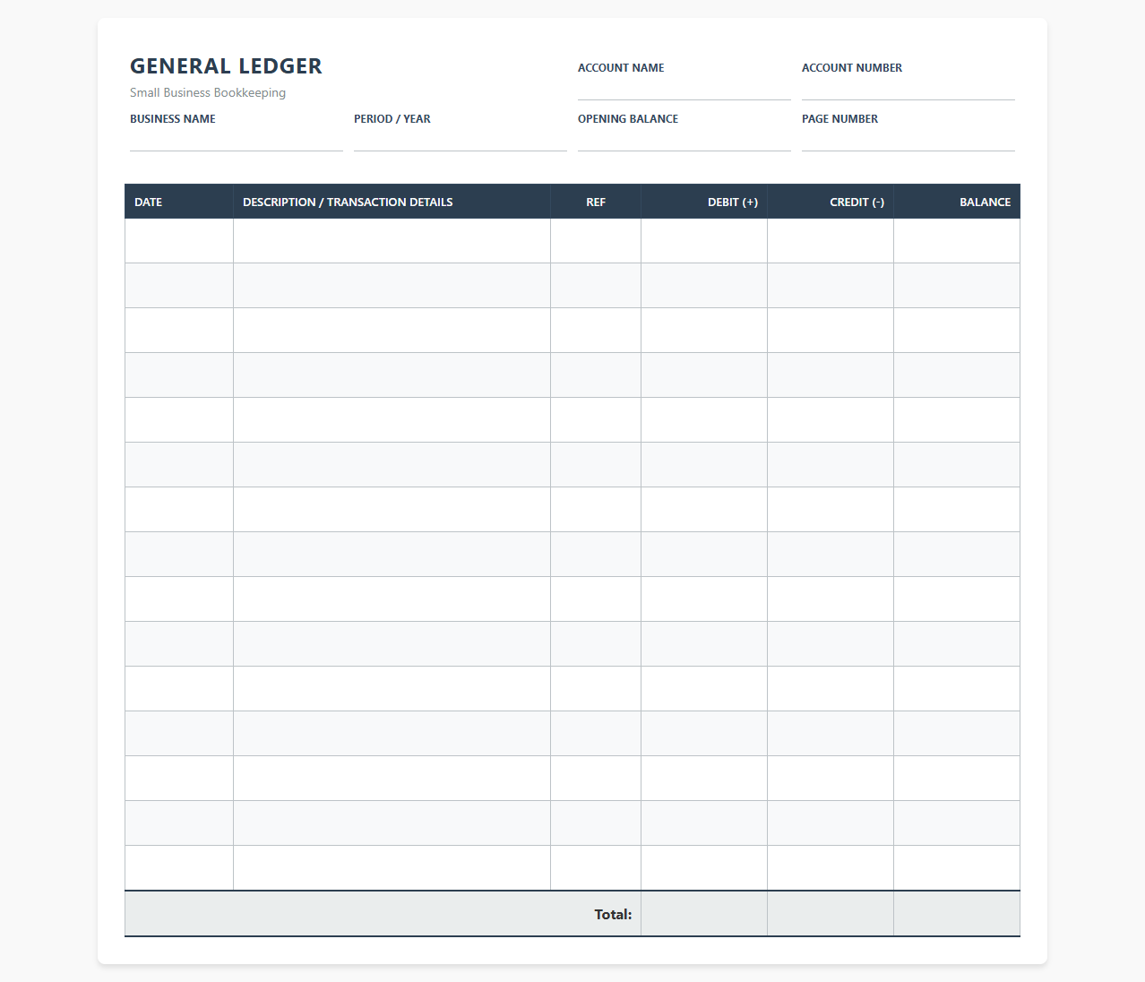 Small Business General Ledger Bookkeeping Template