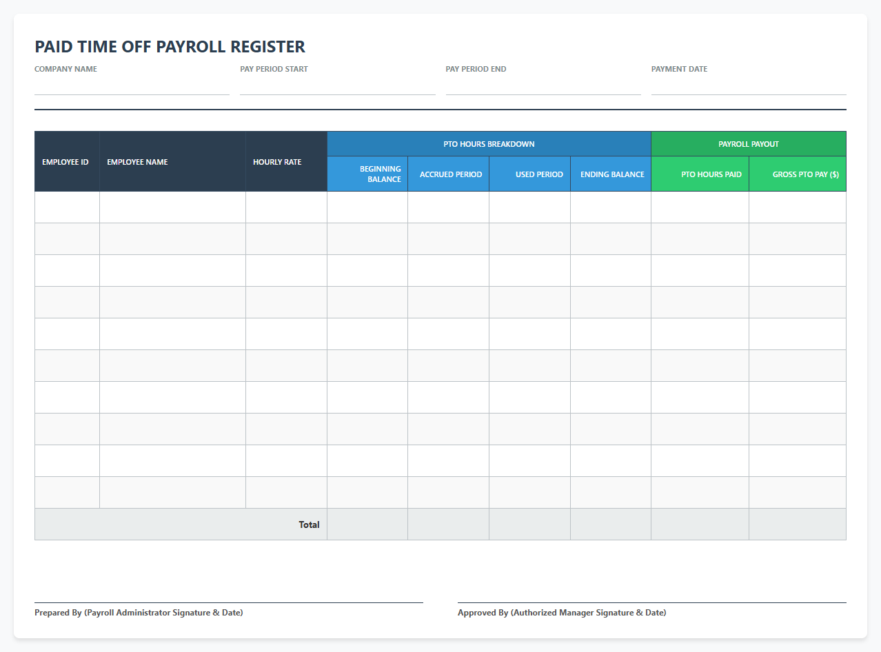 Small Business Paid Time Off Payroll Register