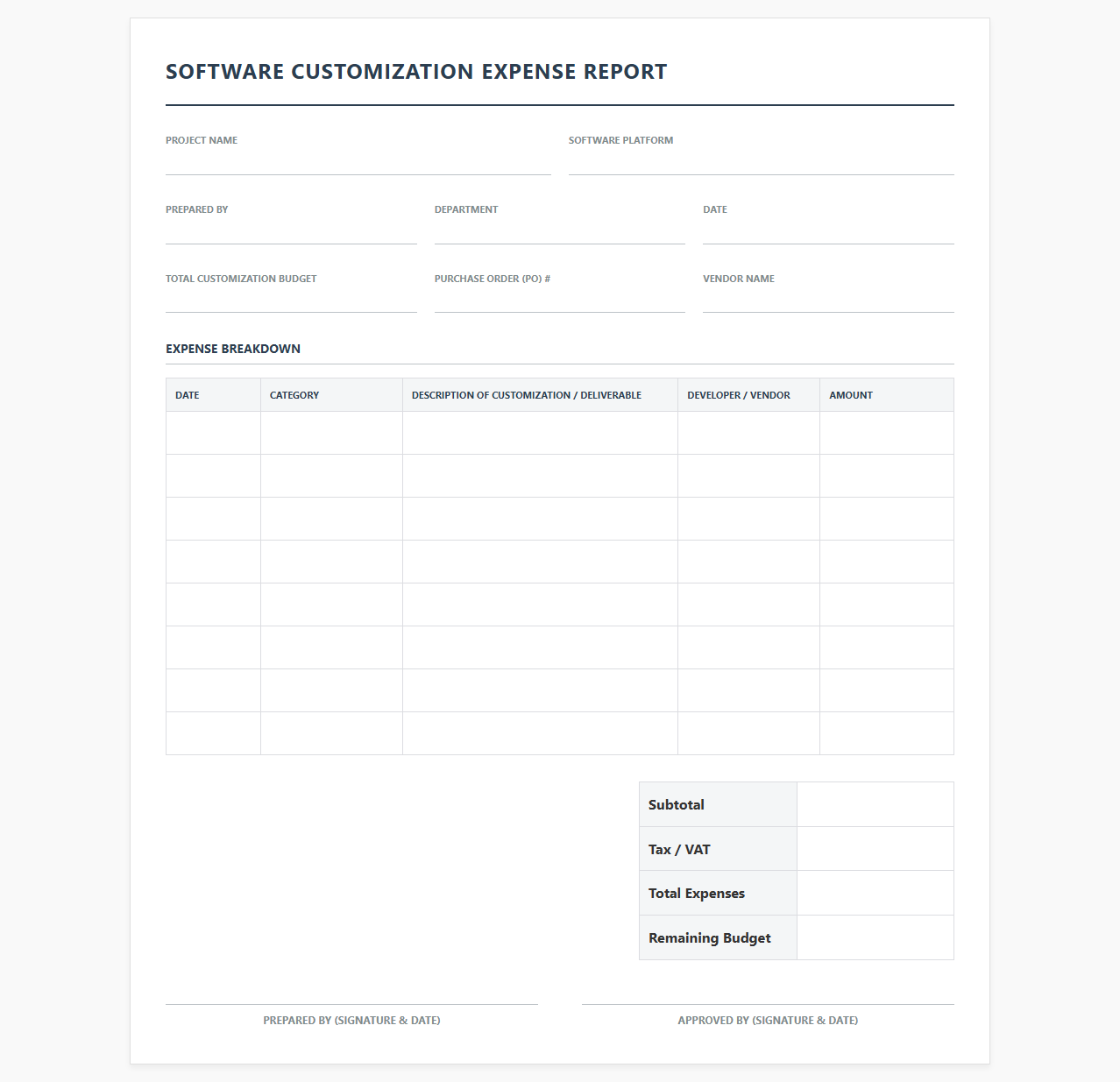 Software Customization Expense Report Template