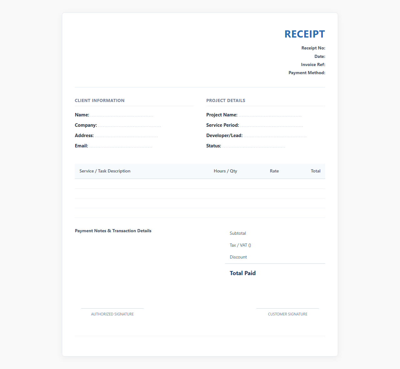 Software Development Service Receipt Template