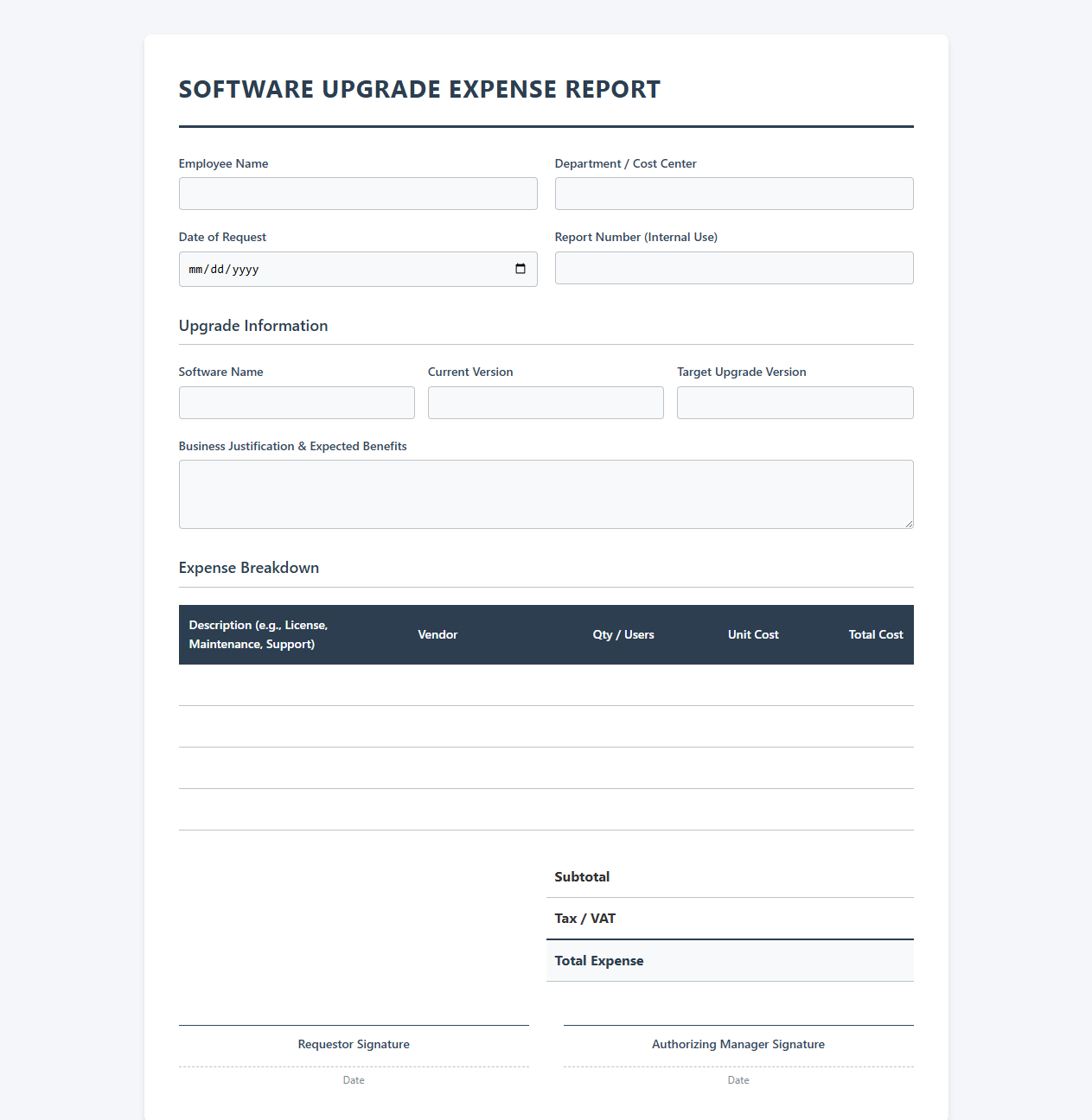 Software Upgrade Expense Report Template