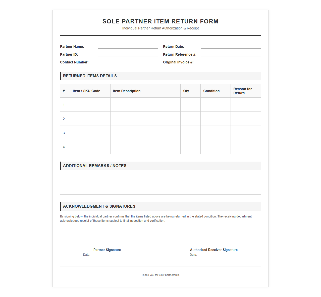 Sole Partner Item Return Template