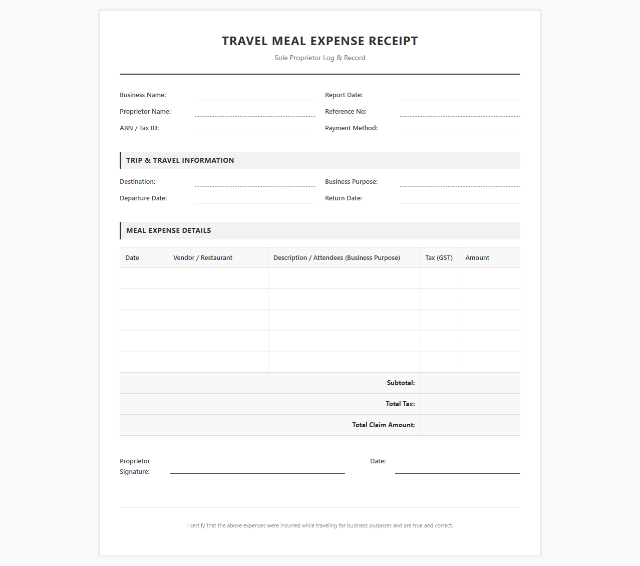 Sole Trader Travel Meal Receipt Template