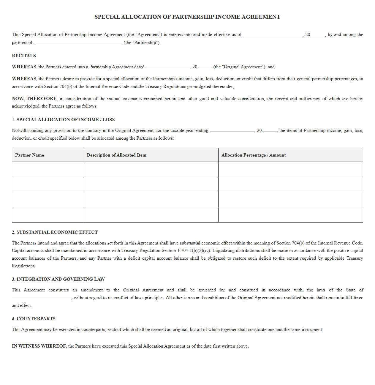 Special Allocation of Partnership Income Agreement