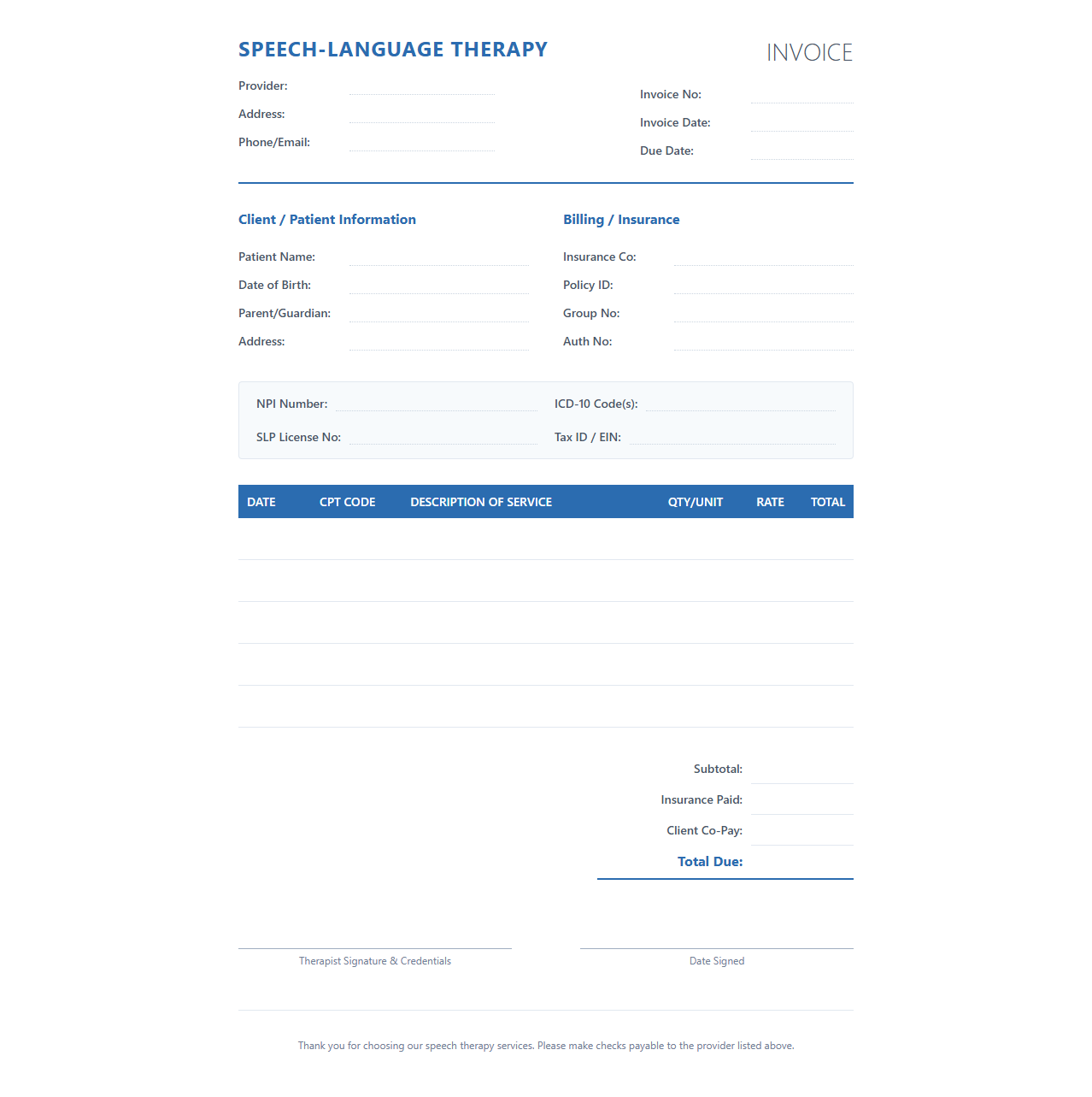 Speech Therapy Service Invoice