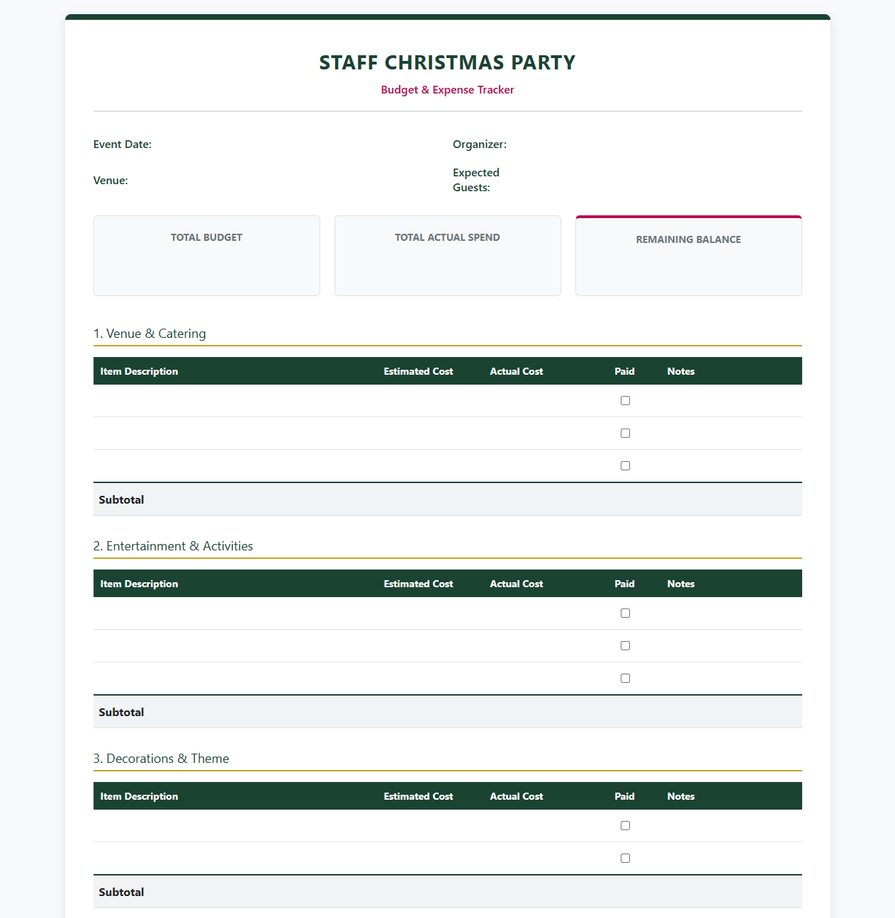 Staff Christmas Party Budget and Expense Tracker