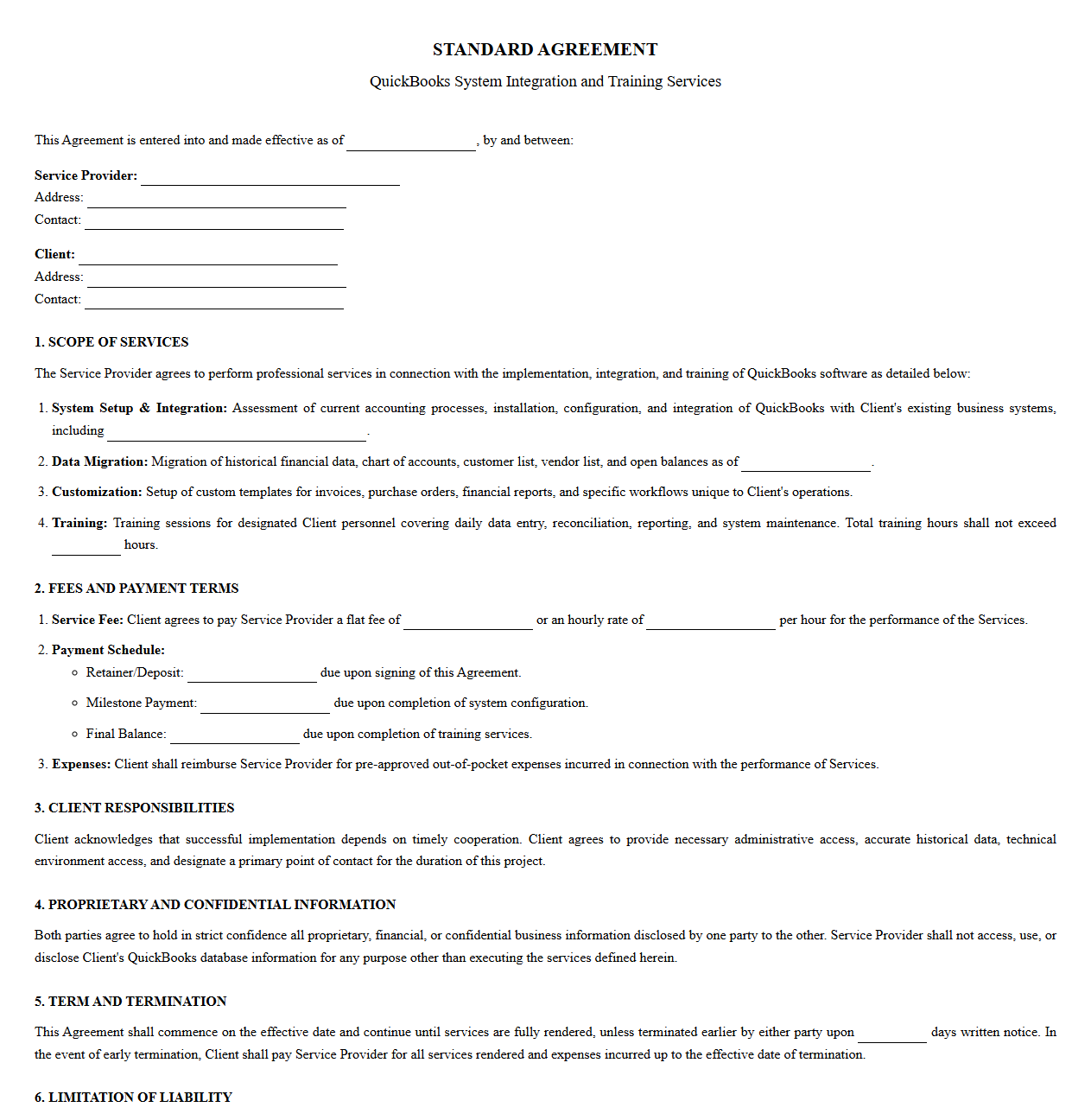 Standard Agreement for QuickBooks System Integration and Training