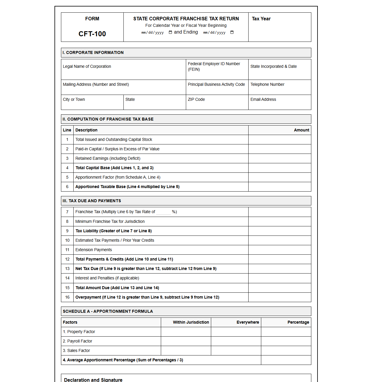 Standard Corporate Franchise Tax Return Format
