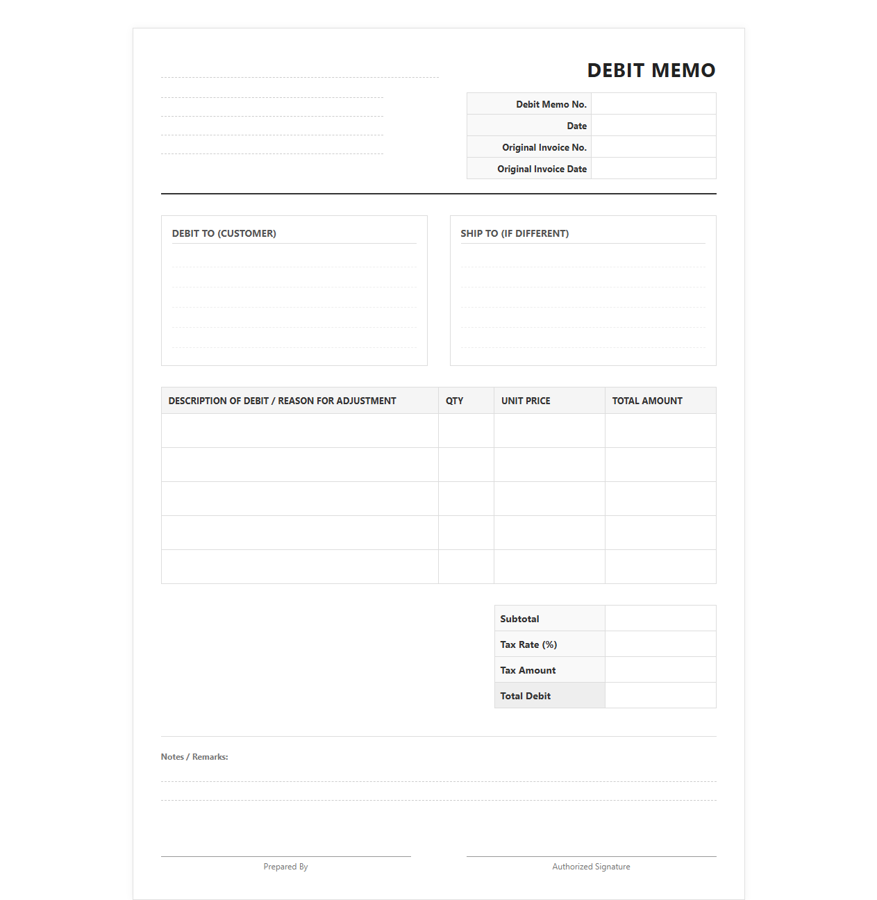 Standard Customer Debit Memo Template