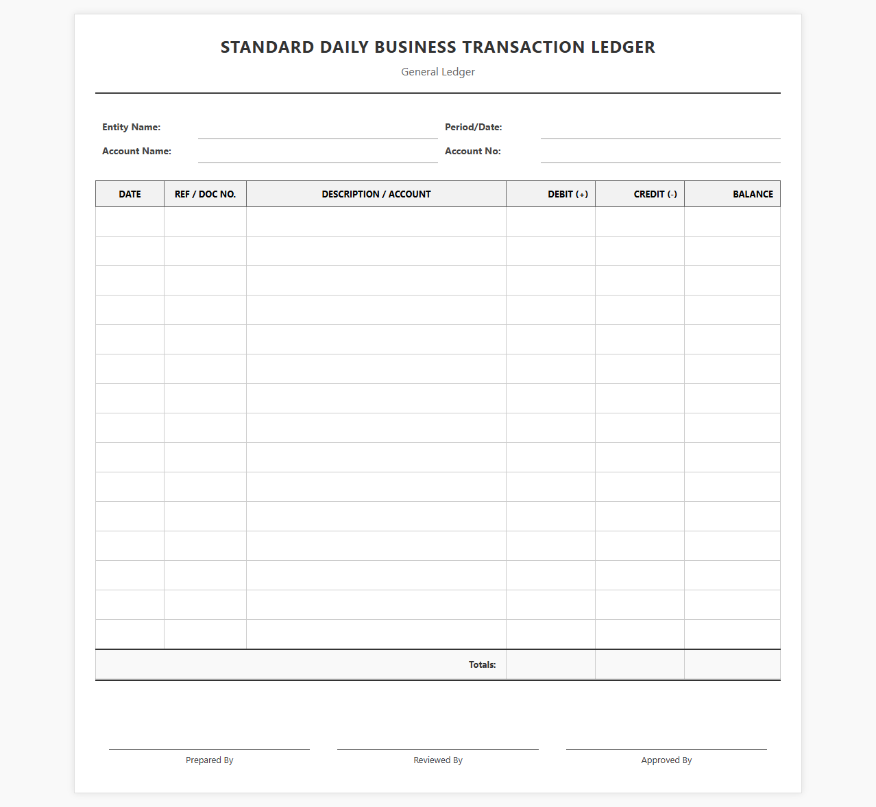 Standard Daily Business Transaction Ledger