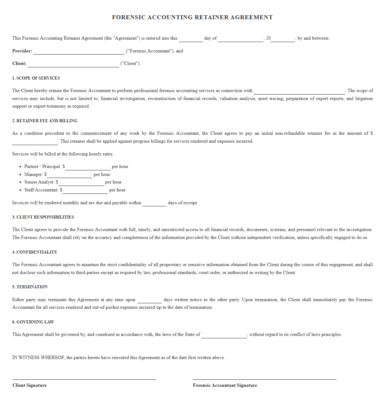 Standard Forensic Accounting Retainer Contract