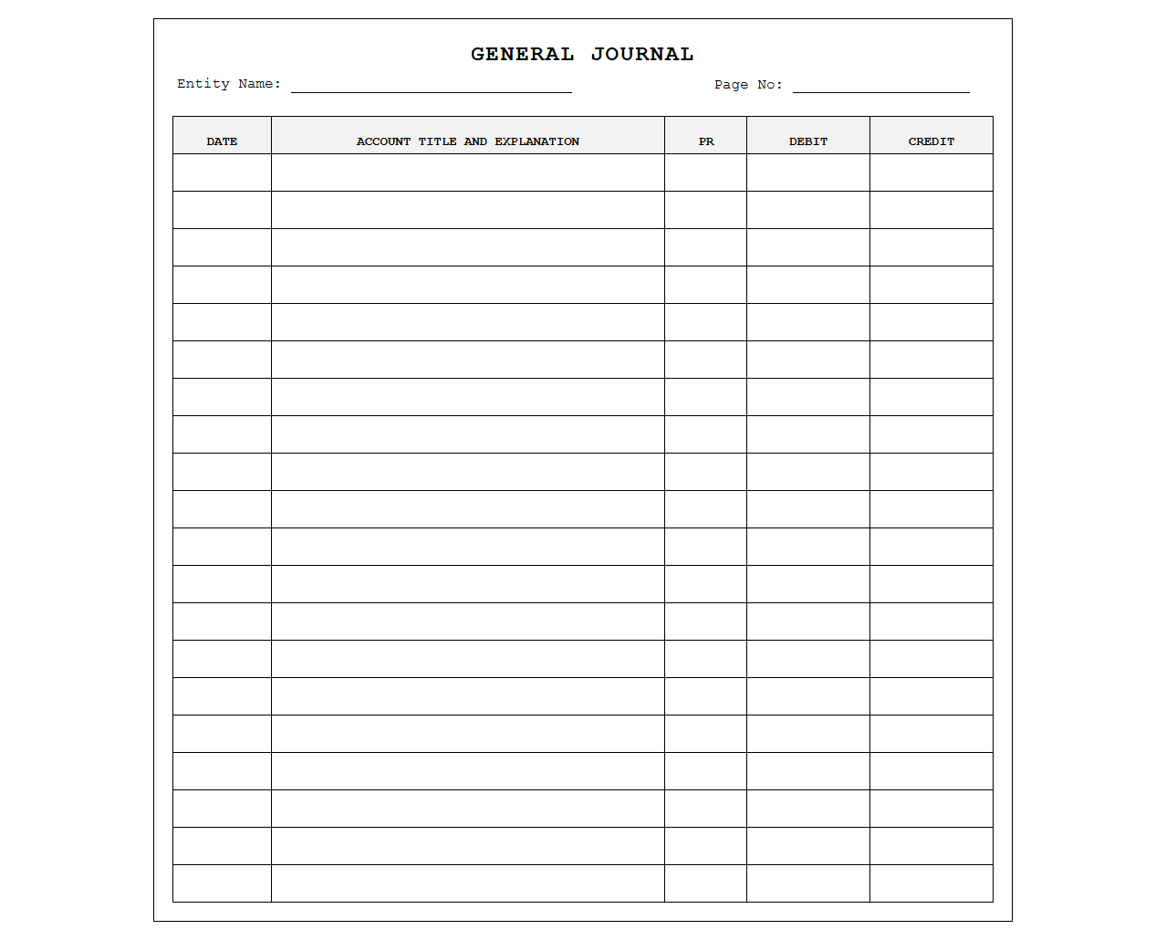 Standard General Ledger Journal Entry Book